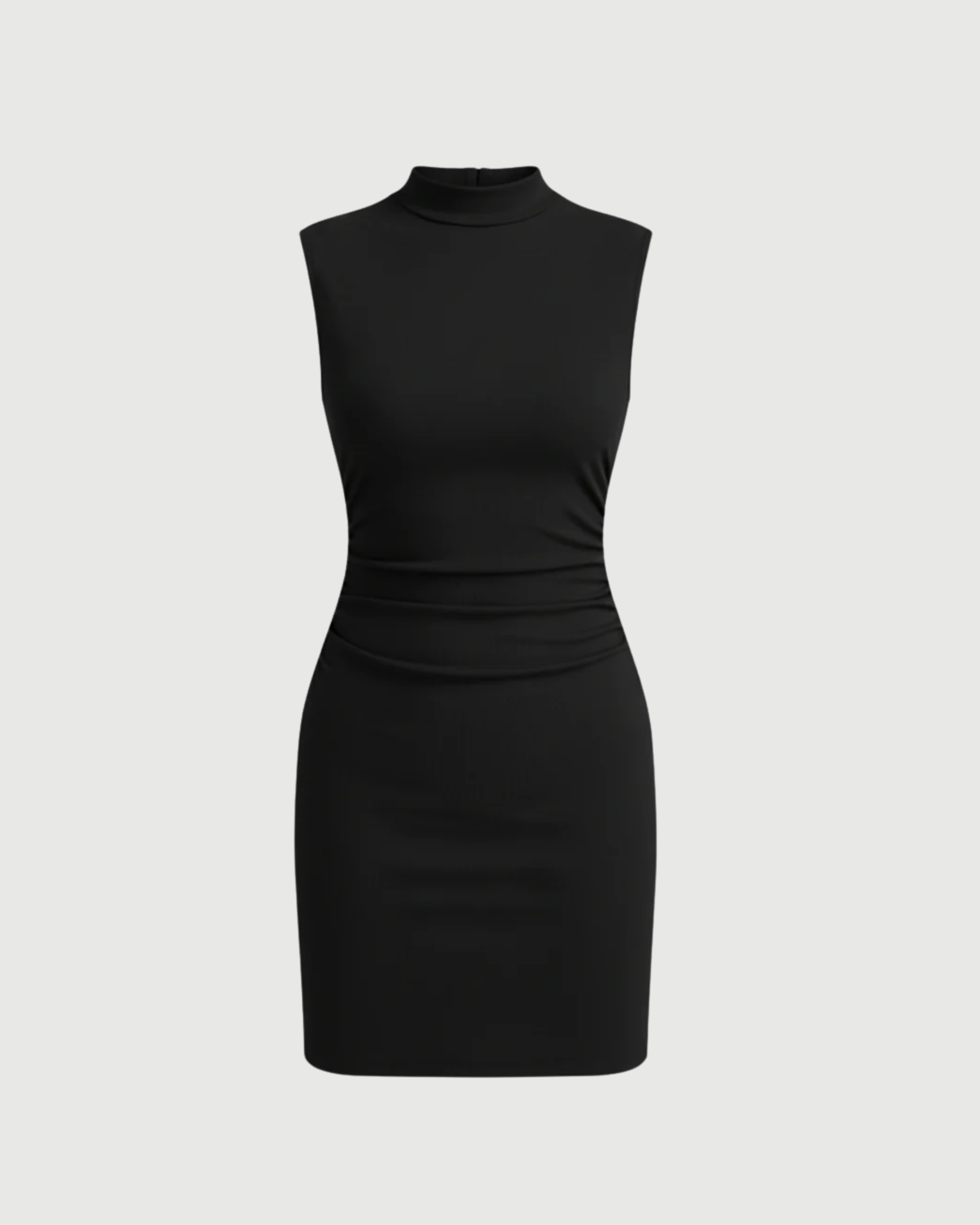 Chic Stand-Collar Gathered Mini Dress - Black