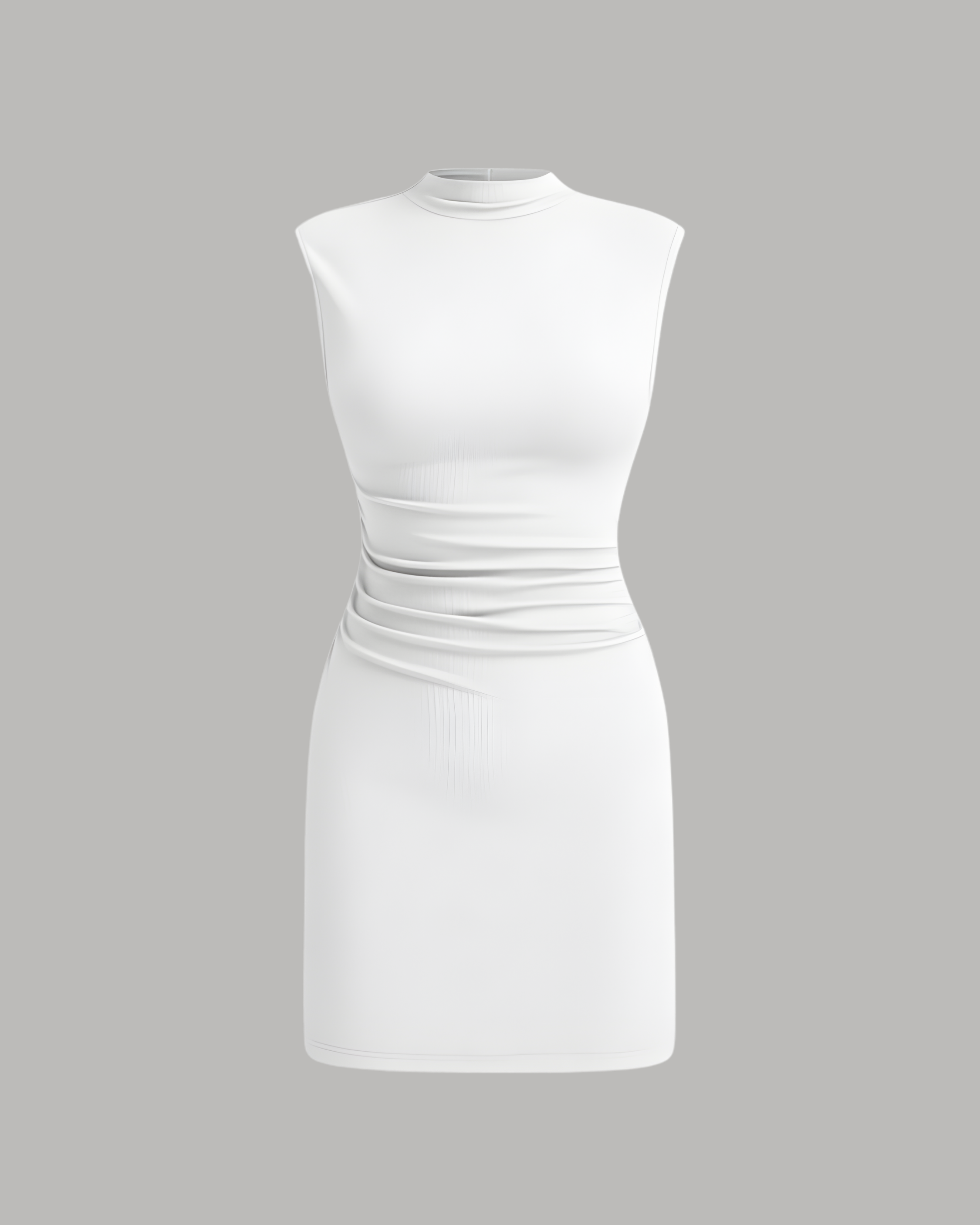 Chic Stand-Collar Gathered Mini Dress - White