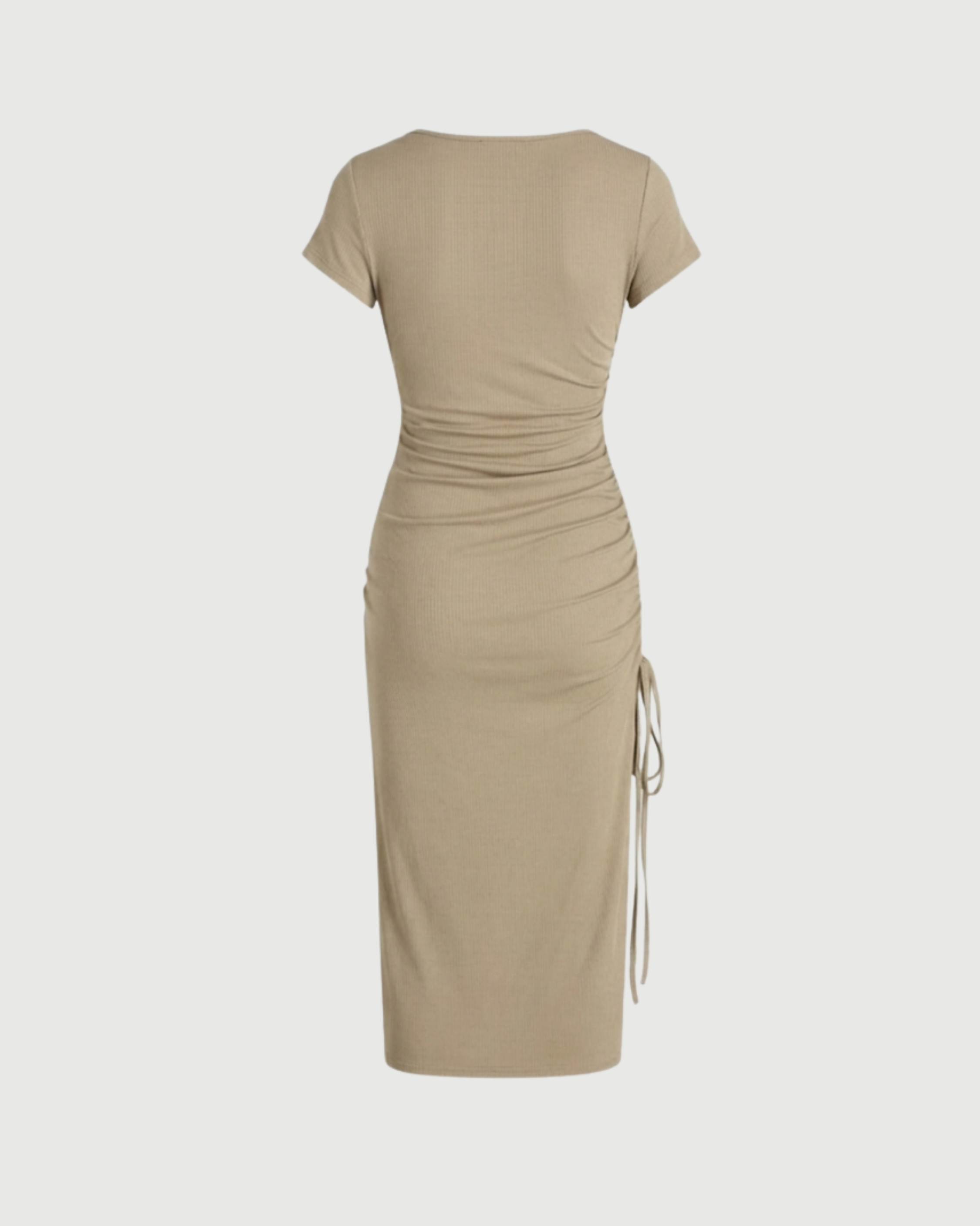 Square-Neck Knotted Slit Midi Dress-Beige