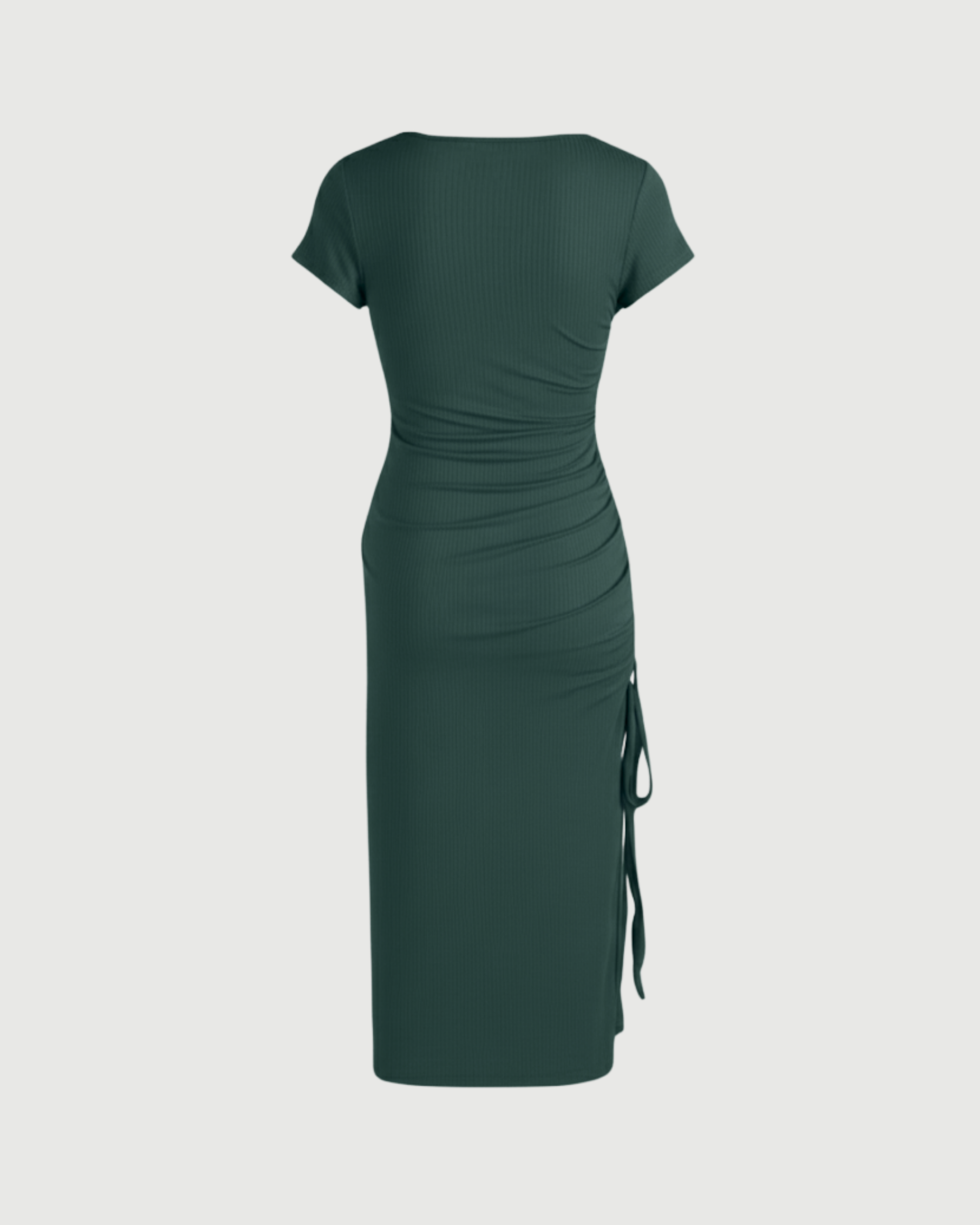 Square-Neck Knotted Slit Midi Dress-Dark Green