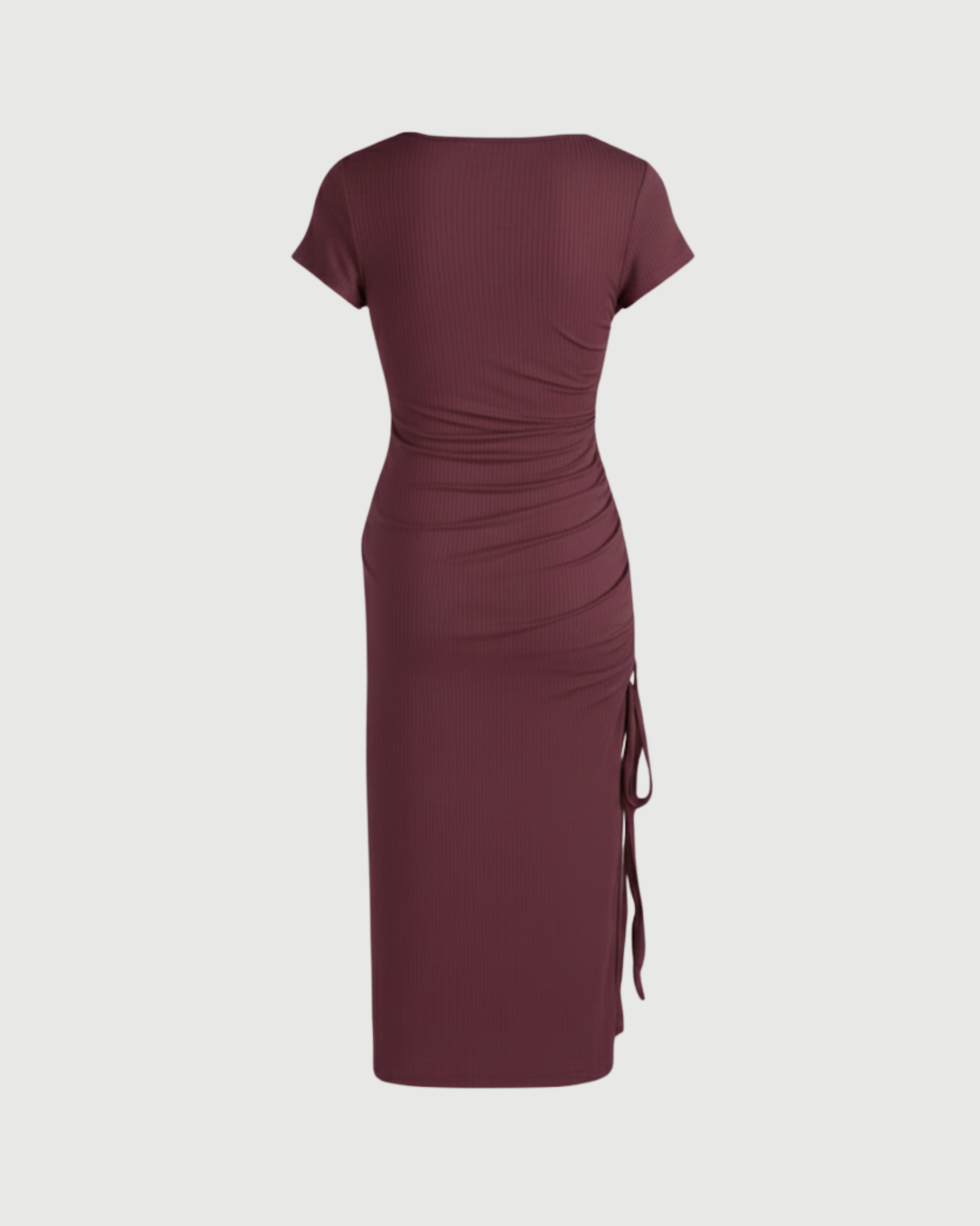 Square-Neck Knotted Slit Midi Dress-Maroon