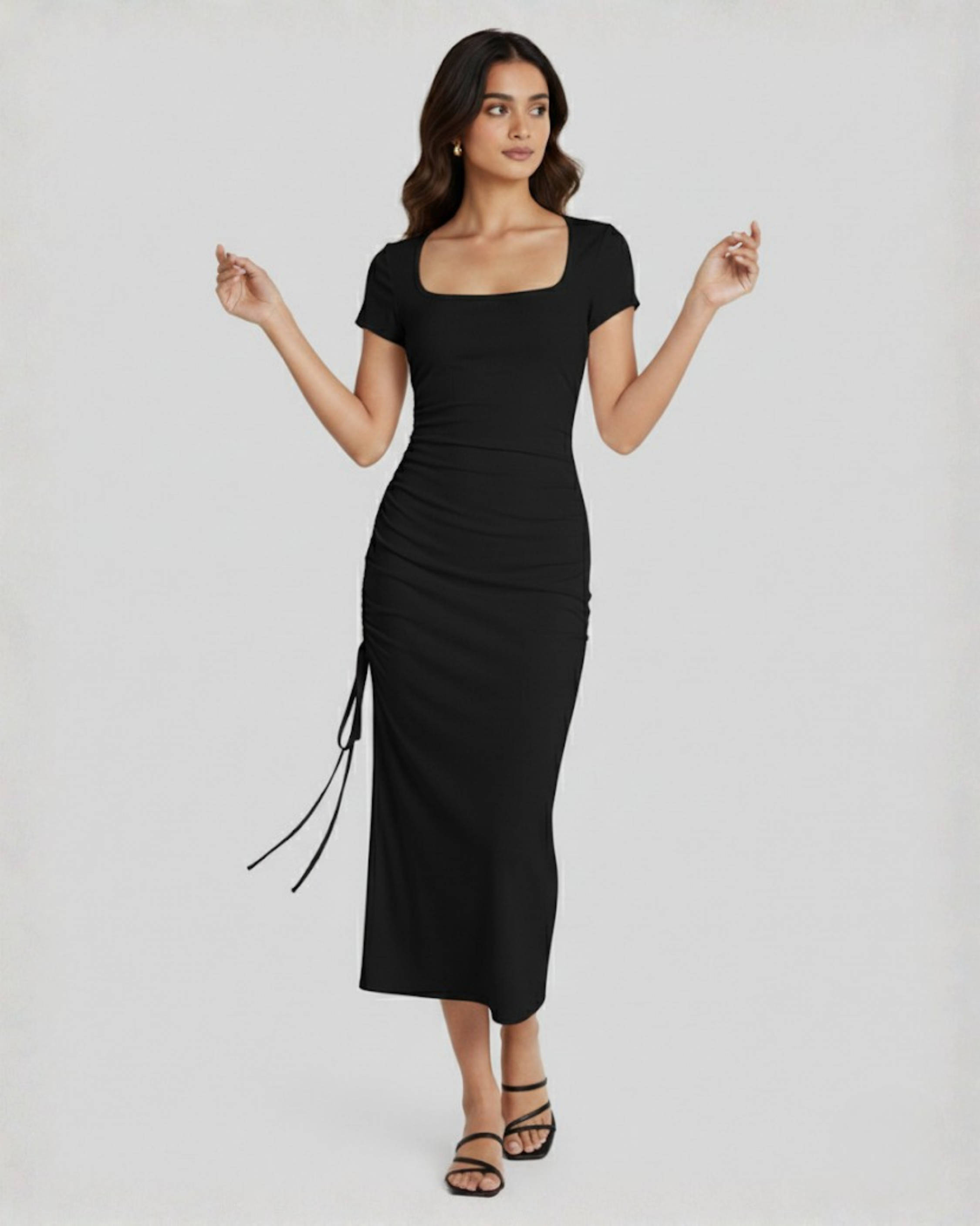Square-Neck Knotted Slit Midi Dress - Black