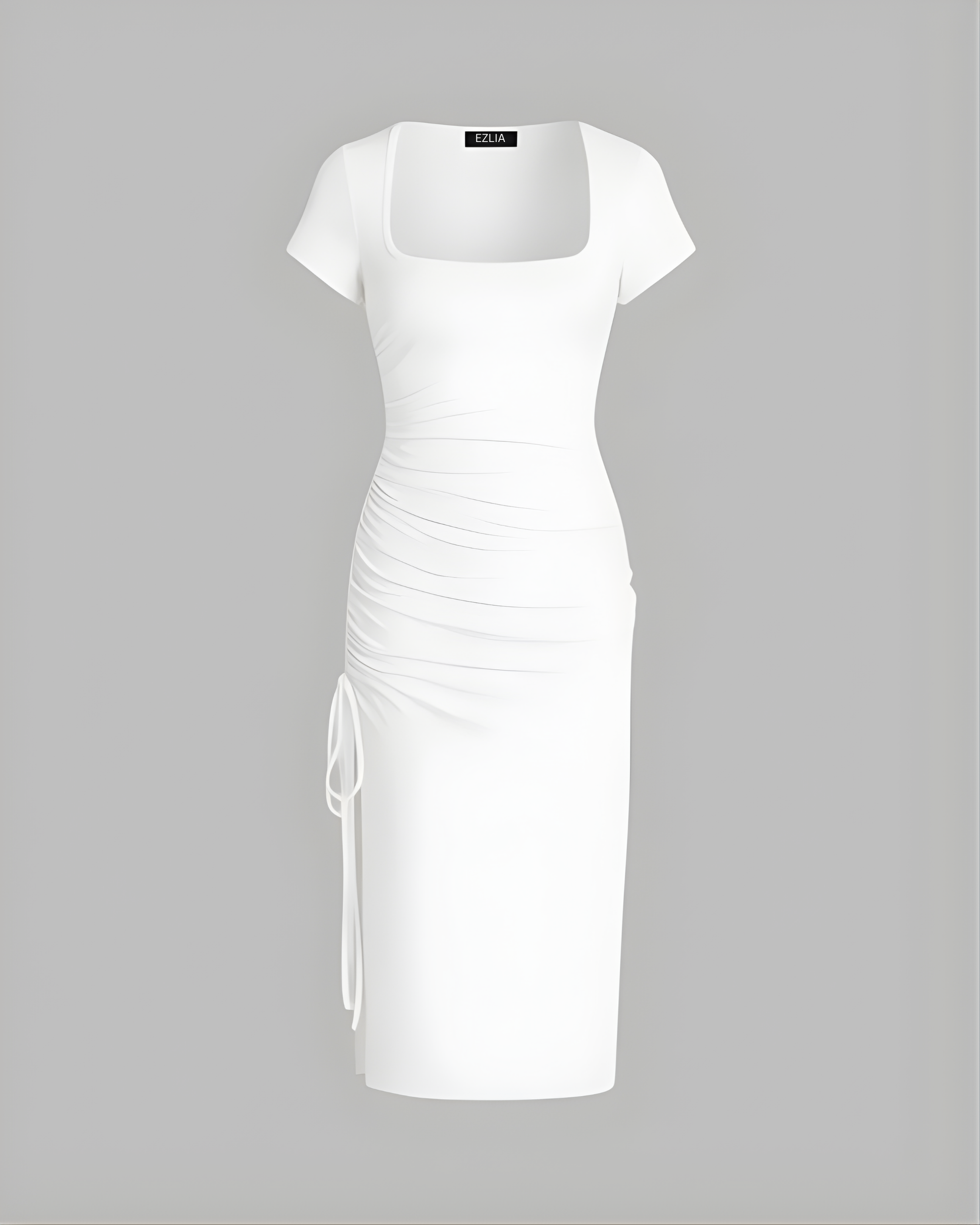 Square-Neck Knotted Slit Midi Dress - White