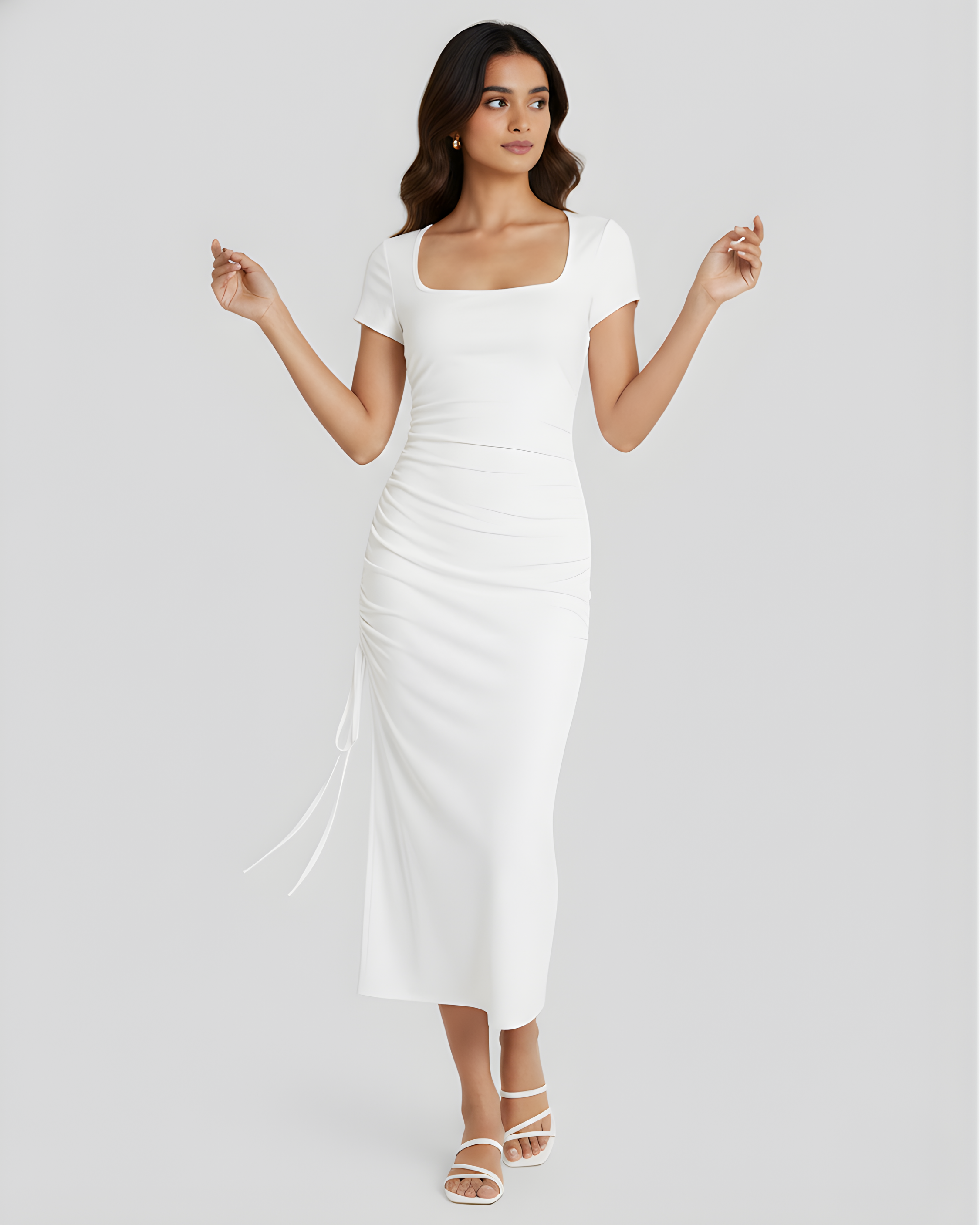 Square-Neck Knotted Slit Midi Dress - White