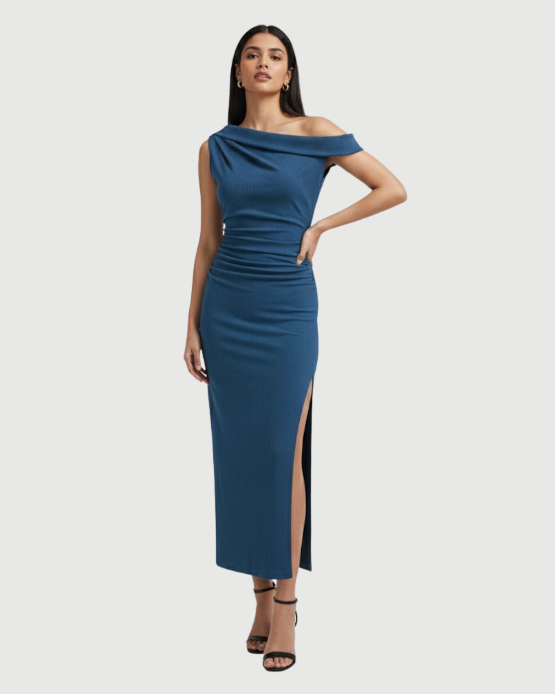 Asymmetrical Neck Ruched Slit Maxi Dress-Blue