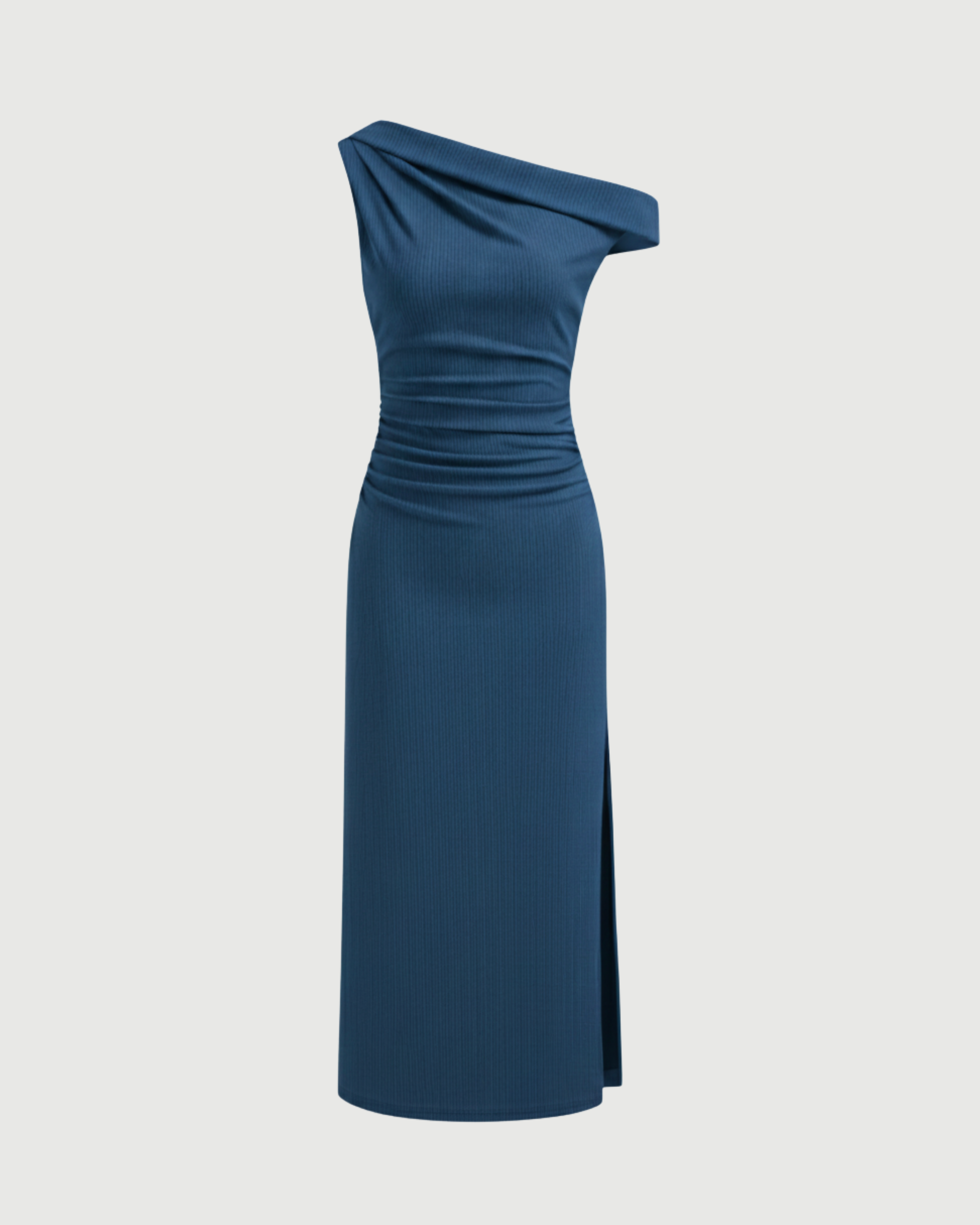 Asymmetrical Neck Ruched Slit Maxi Dress-Blue