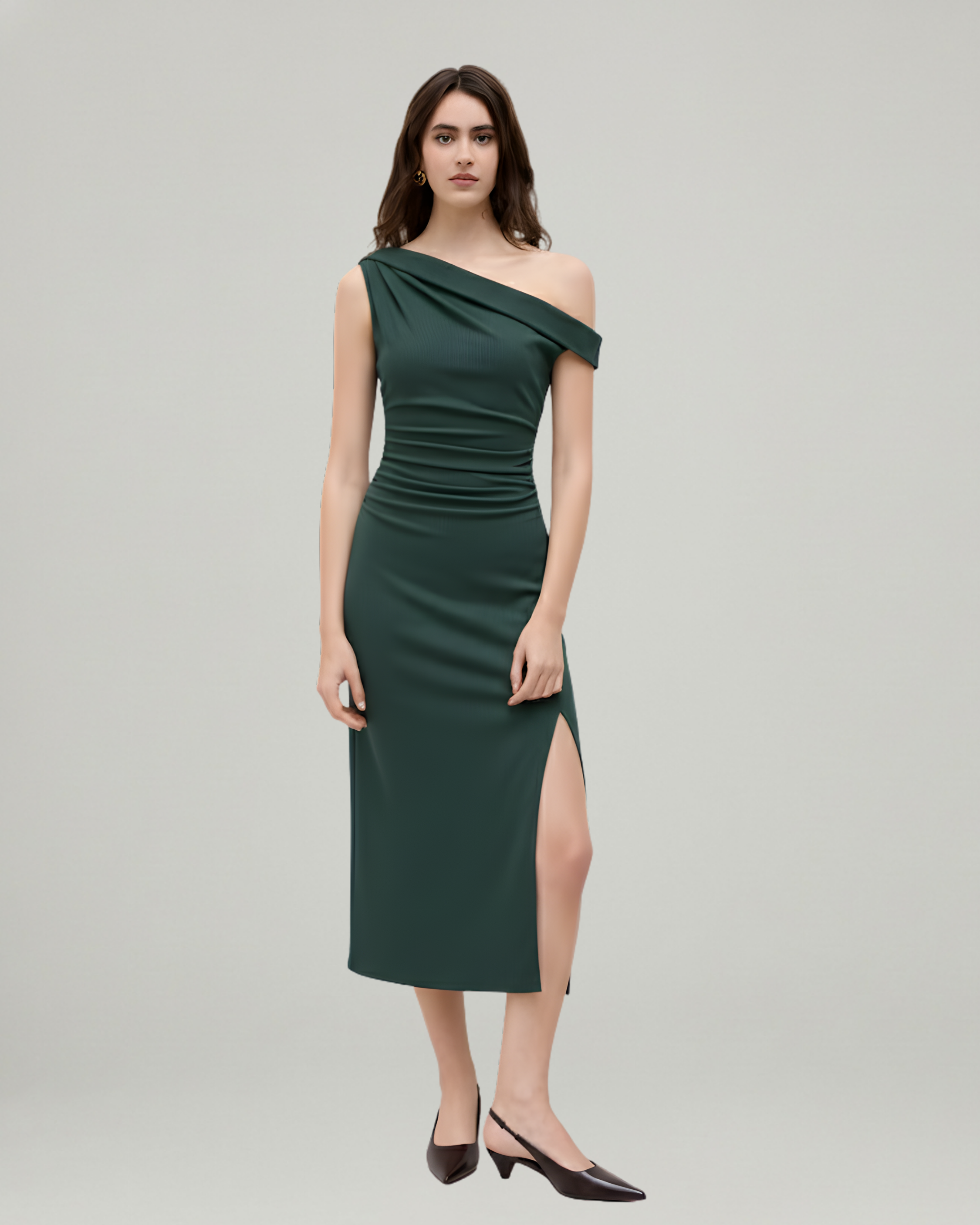 Asymmetrical Neck Ruched Slit Maxi Dress-Dark Green
