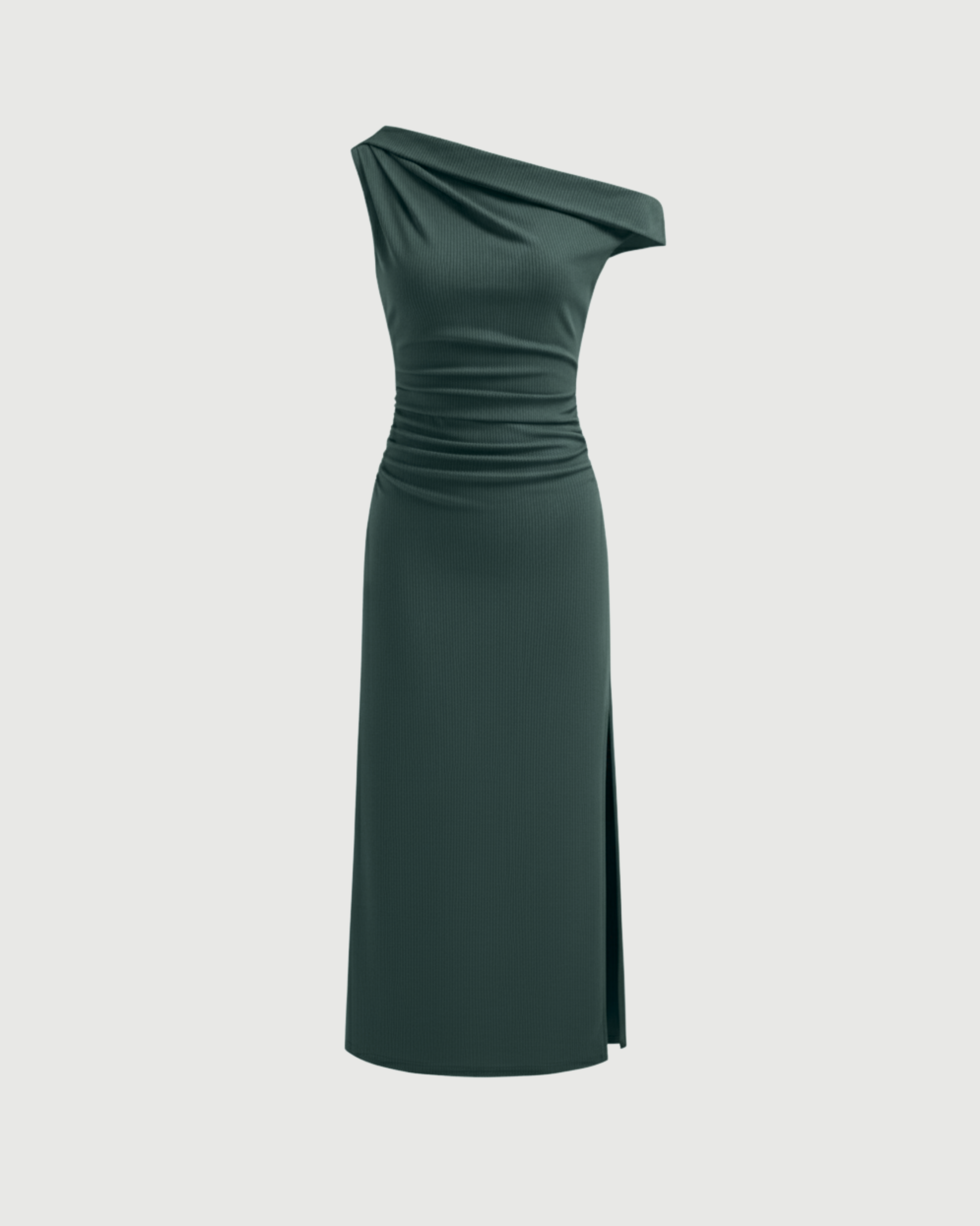 Asymmetrical Neck Ruched Slit Maxi Dress-Dark Green