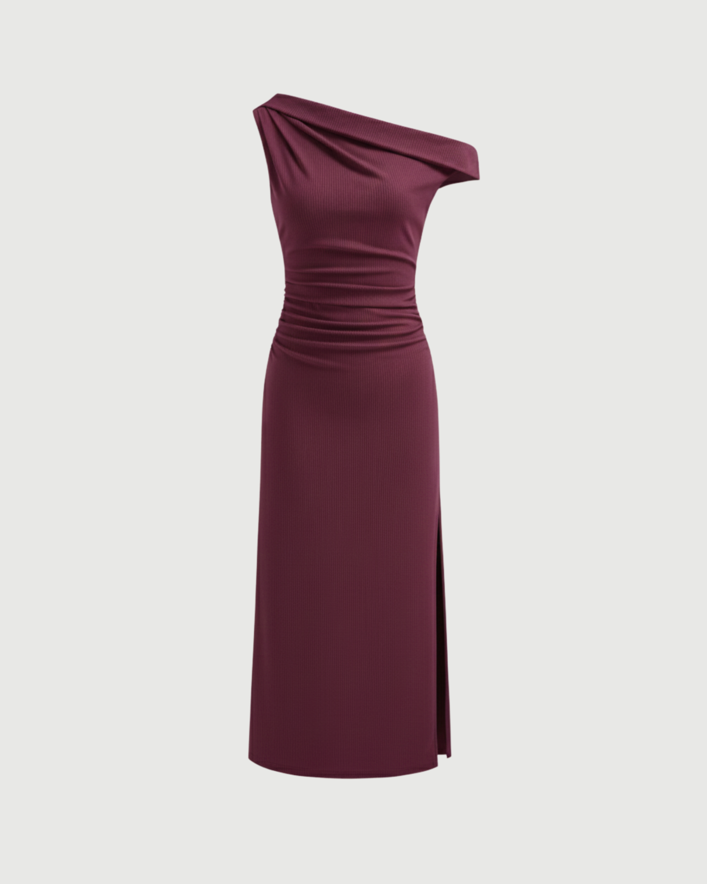 Asymmetrical Neck Ruched Slit Maxi Dress-Maroon