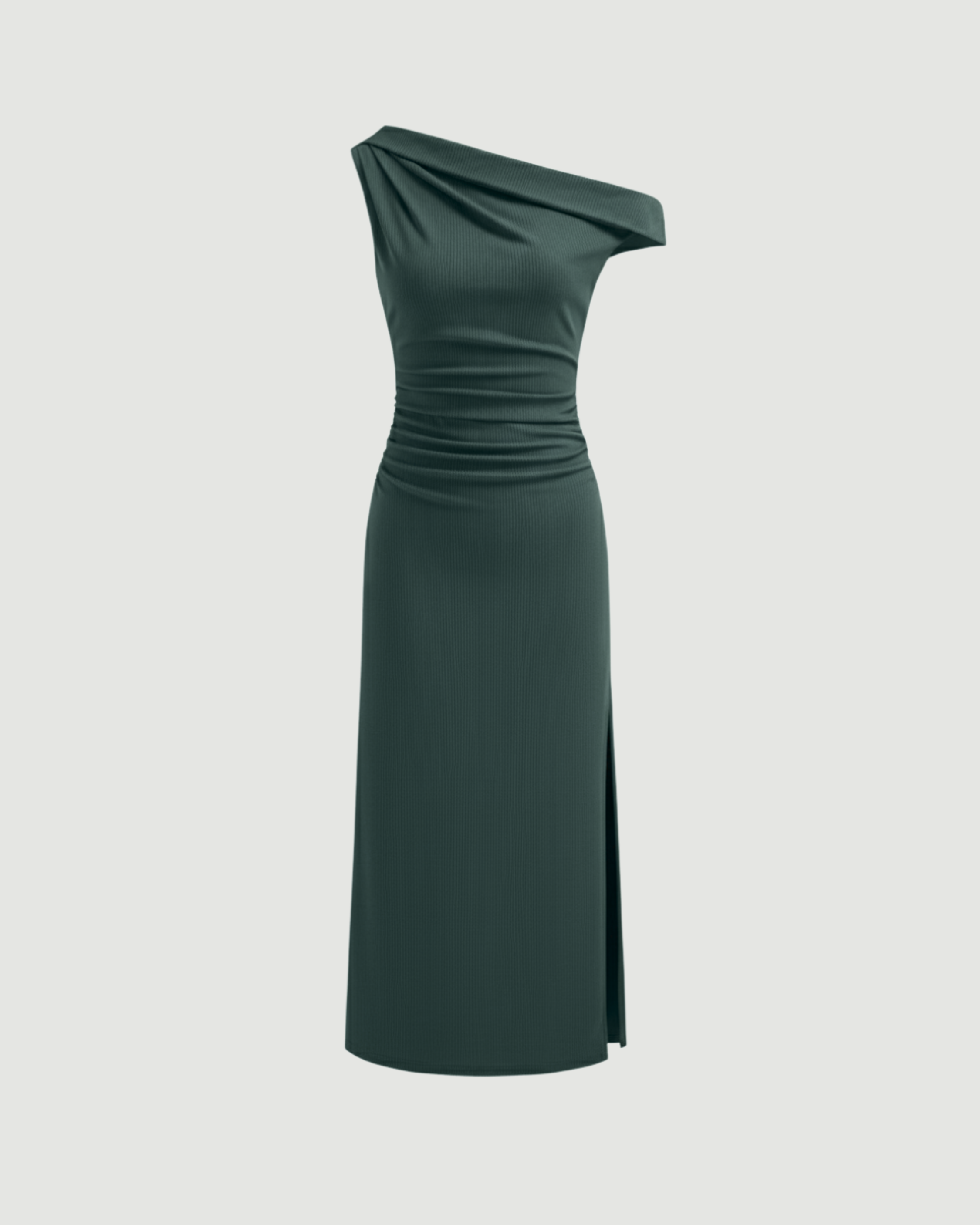 Asymmetrical Neck Ruched Slit Maxi Dress-Dark Green