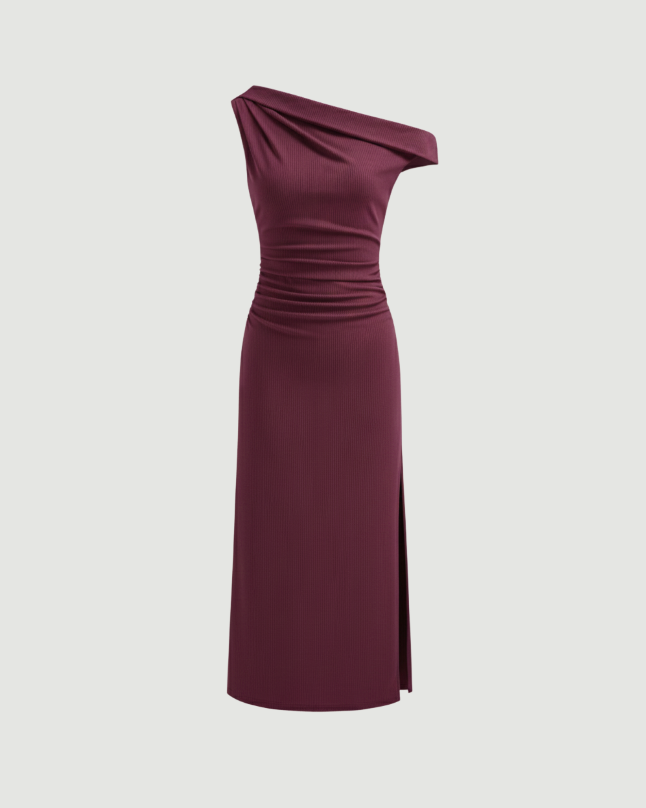 Asymmetrical Neck Ruched Slit Maxi Dress-Maroon