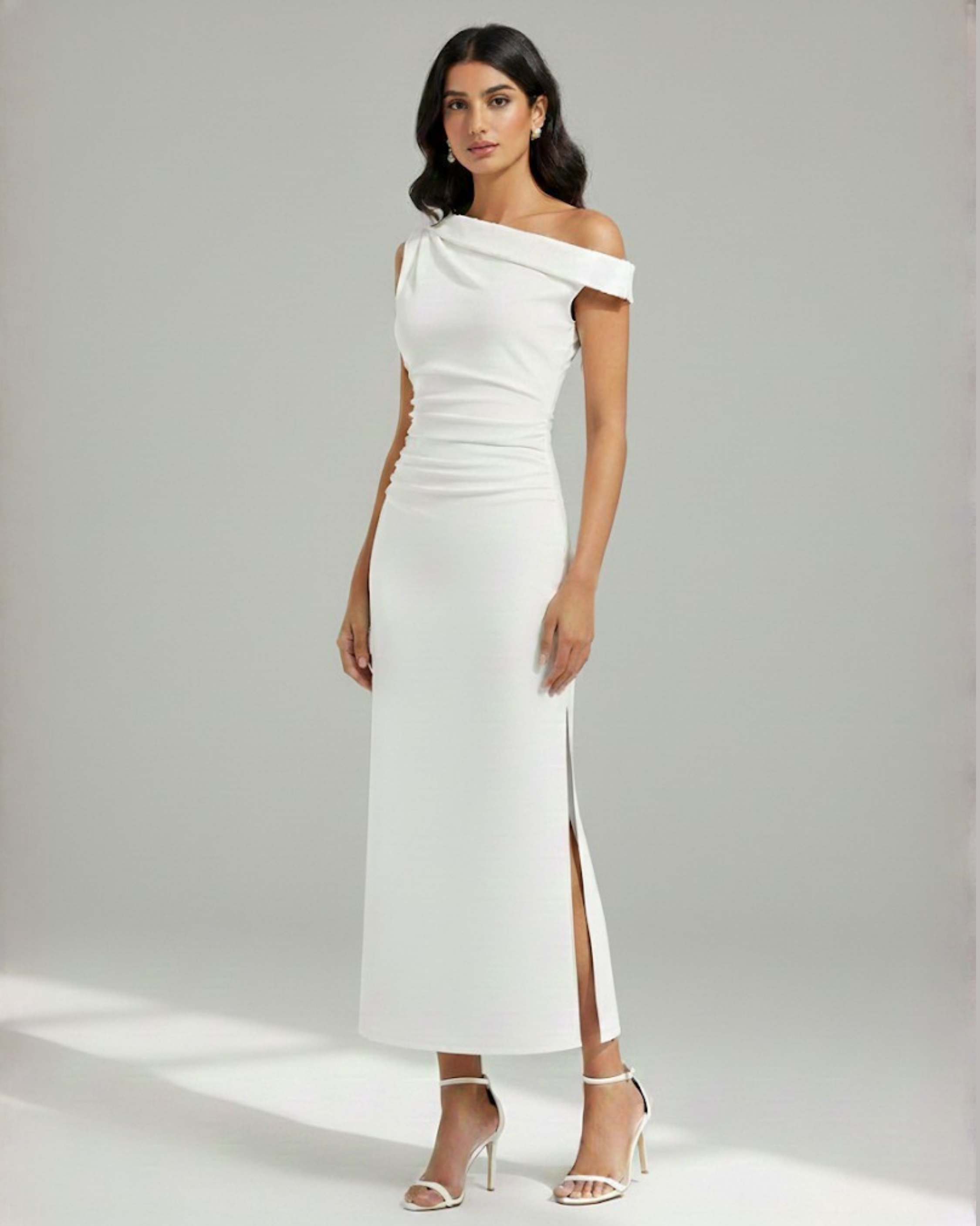 Asymmetrical Neck Ruched Slit Maxi Dress - White