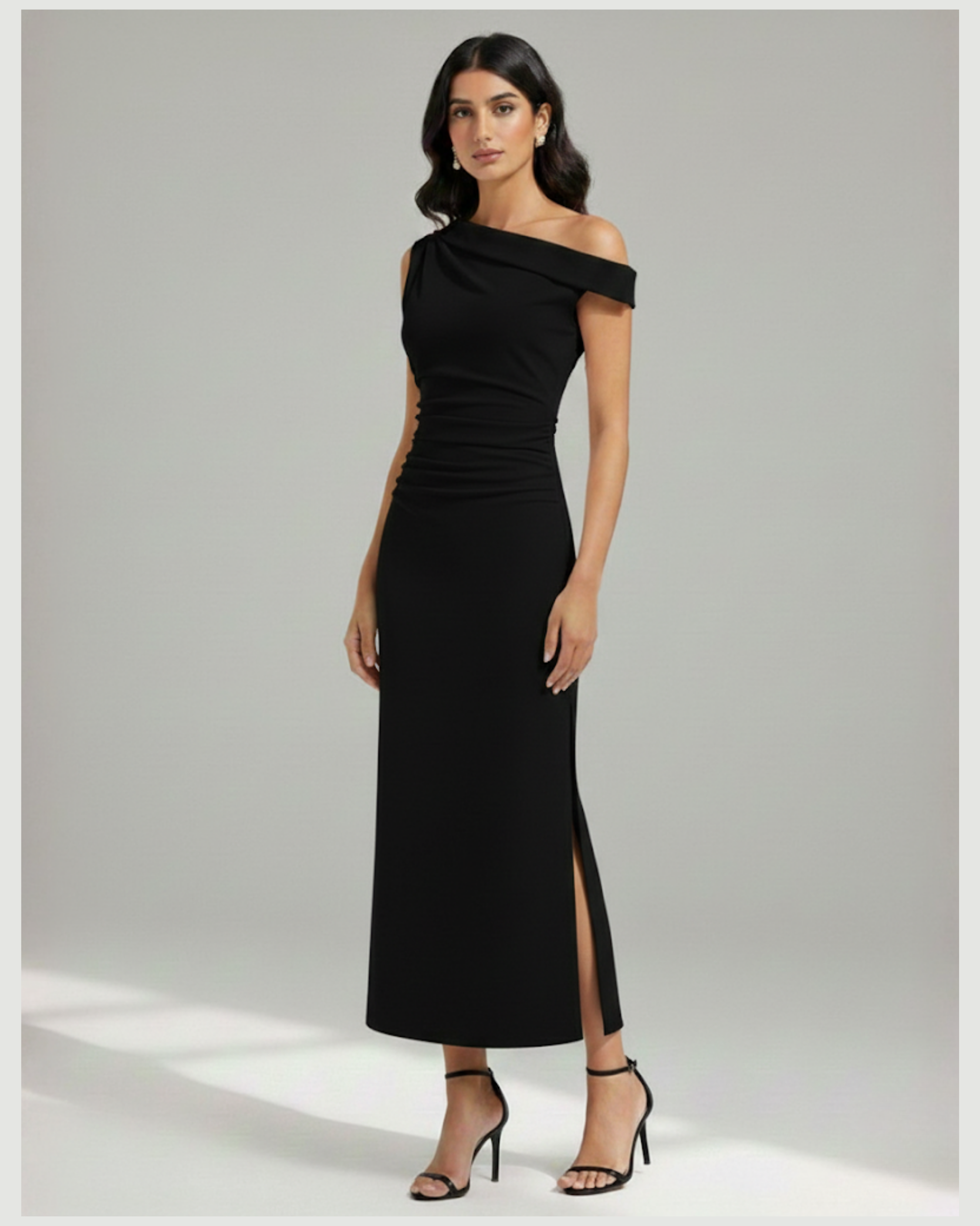 Asymmetrical Neck Ruched Slit Maxi Dress - Black