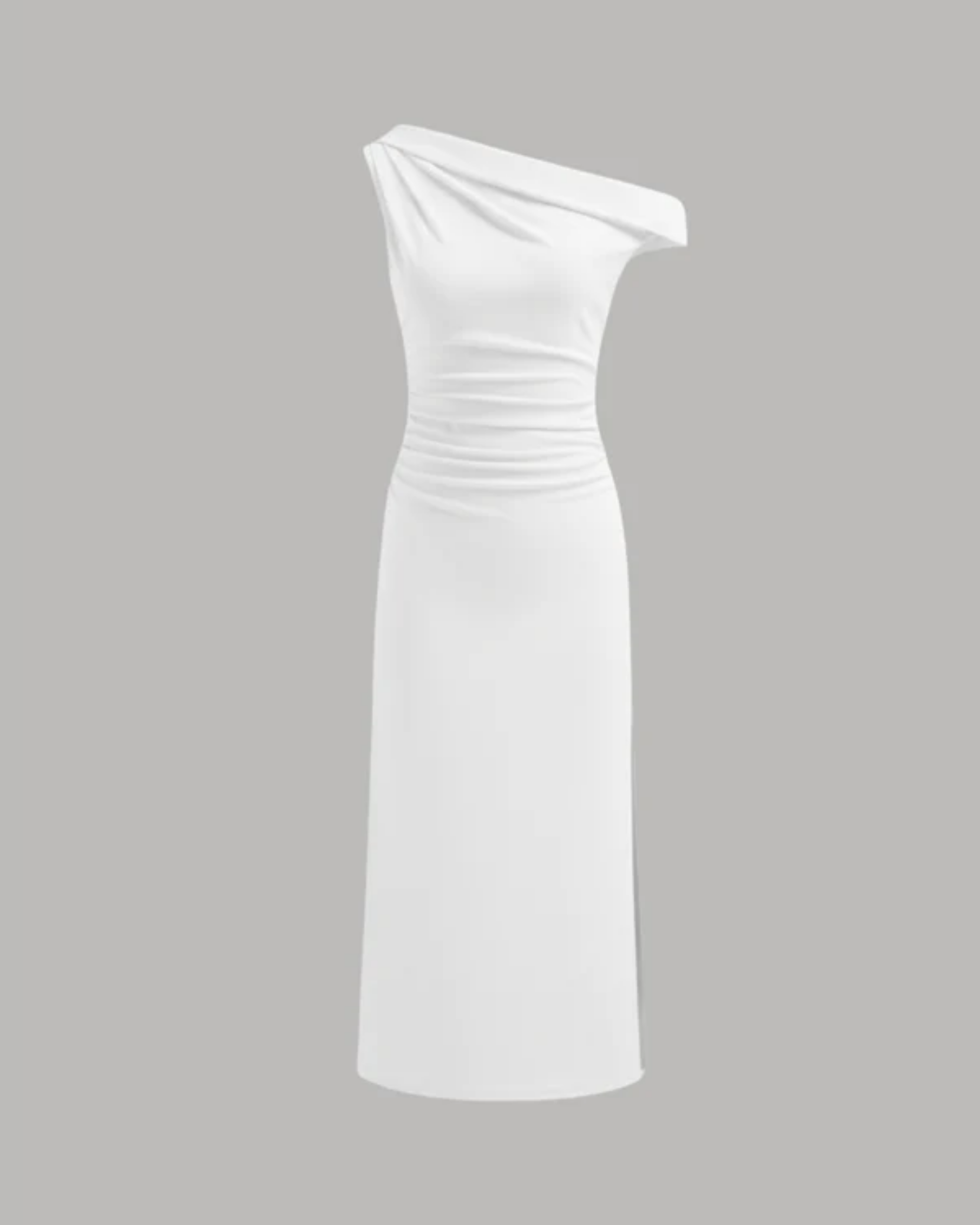 Asymmetrical Neck Ruched Slit Maxi Dress - White