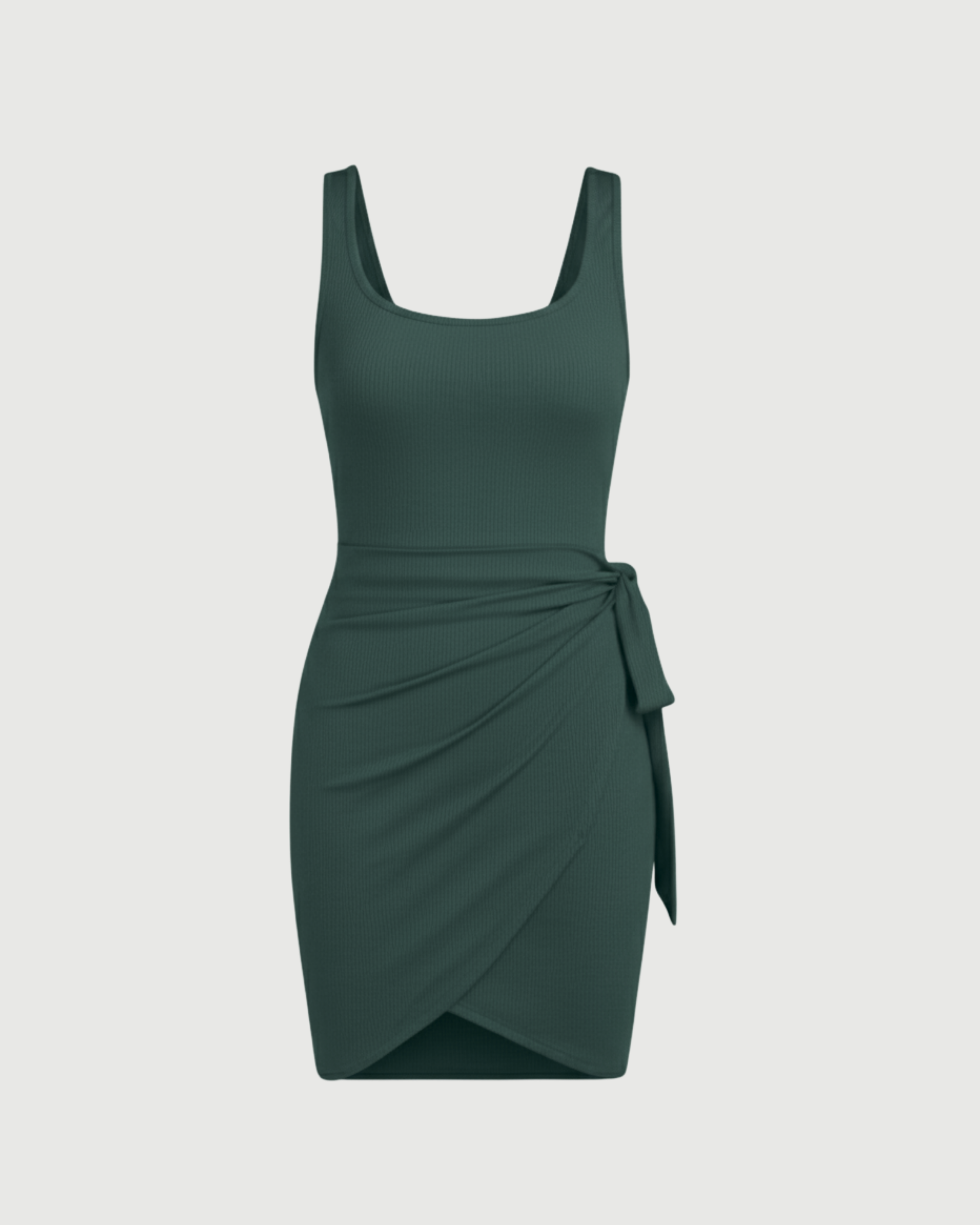 U-Neckline Knot-Detail Mini Dress-Dark Green