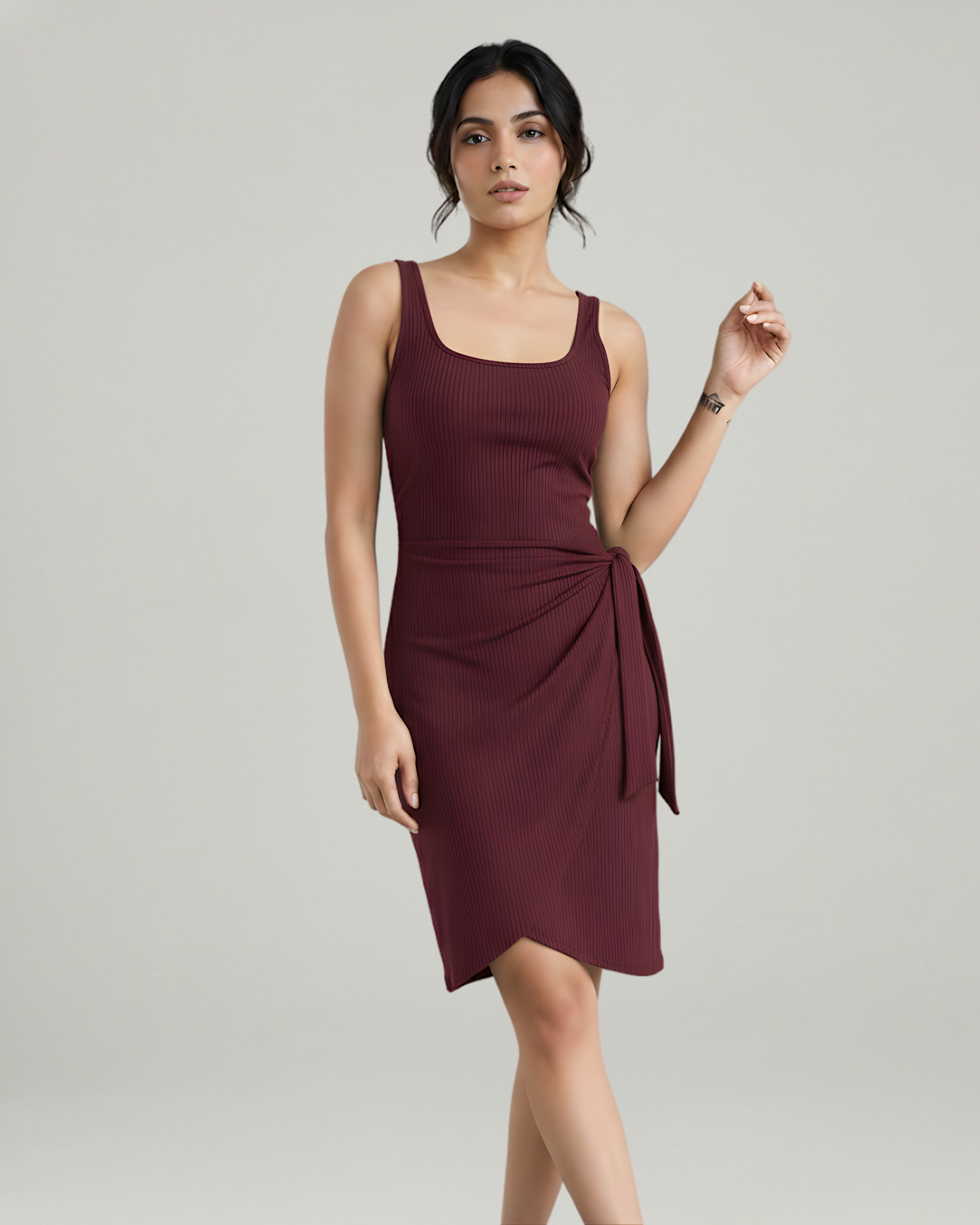 U-Neckline Knot-Detail Mini Dress-Maroon