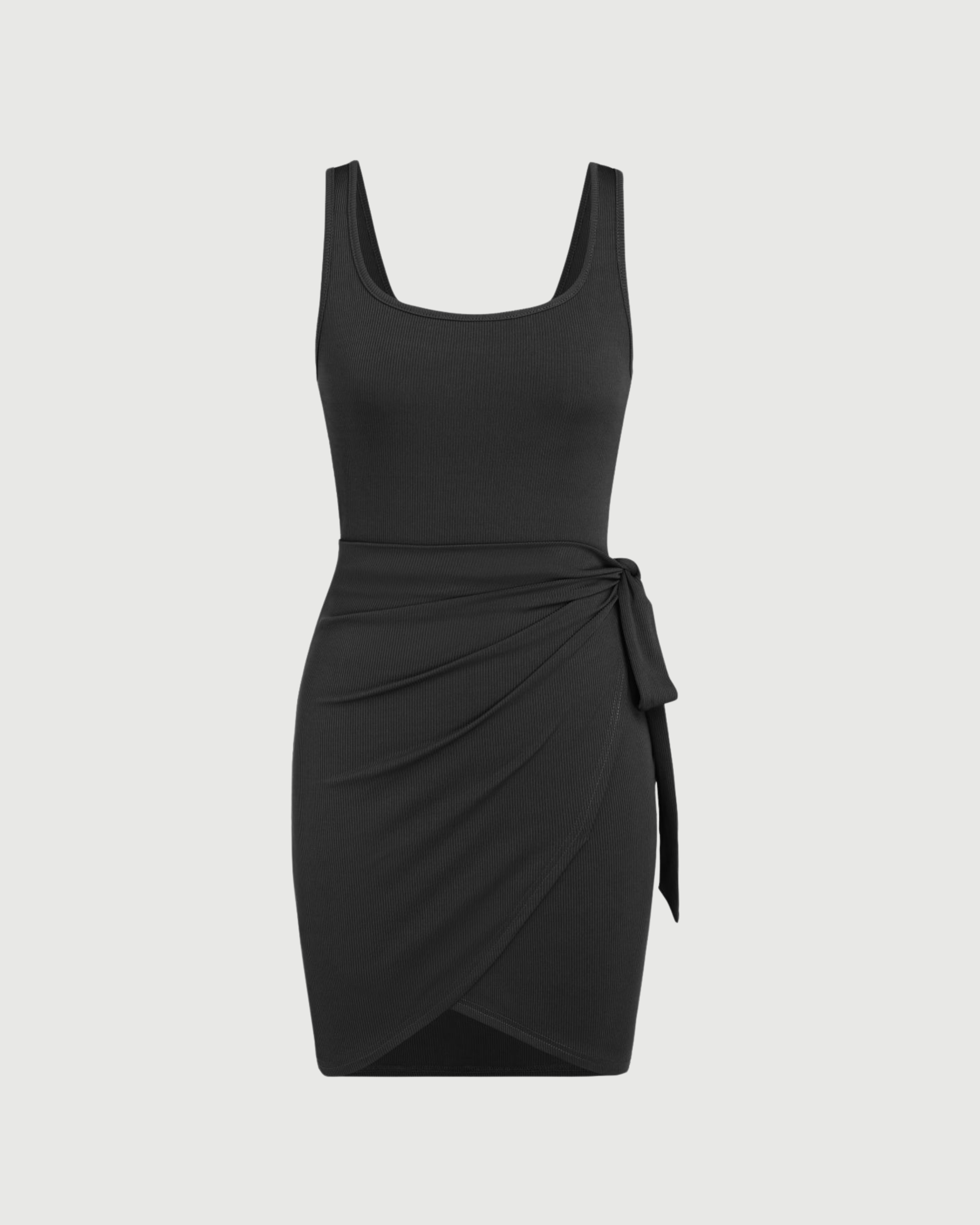 U-Neckline Knot-Detail Mini Dress - Black