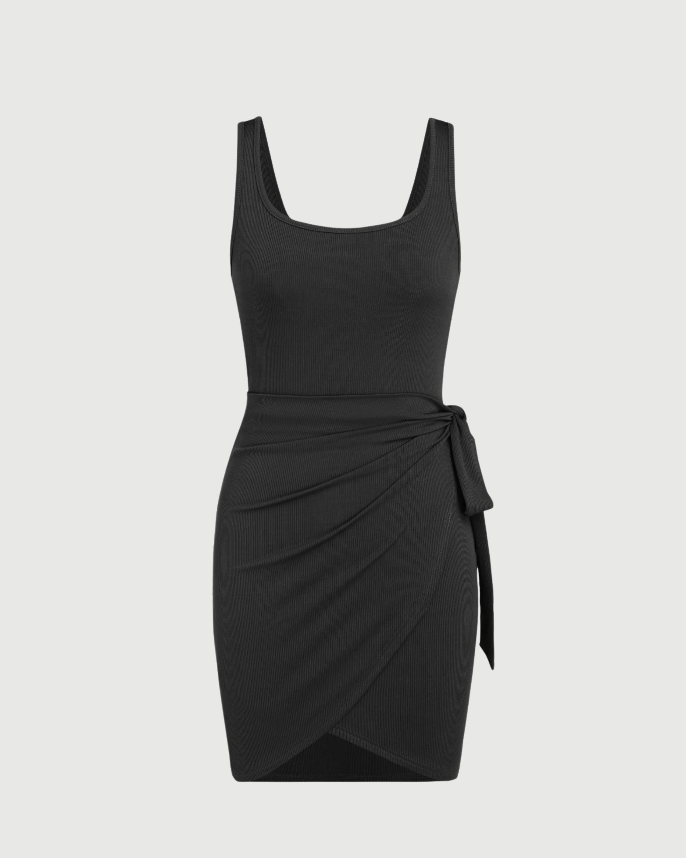 U-Neckline Knot-Detail Mini Dress - Black