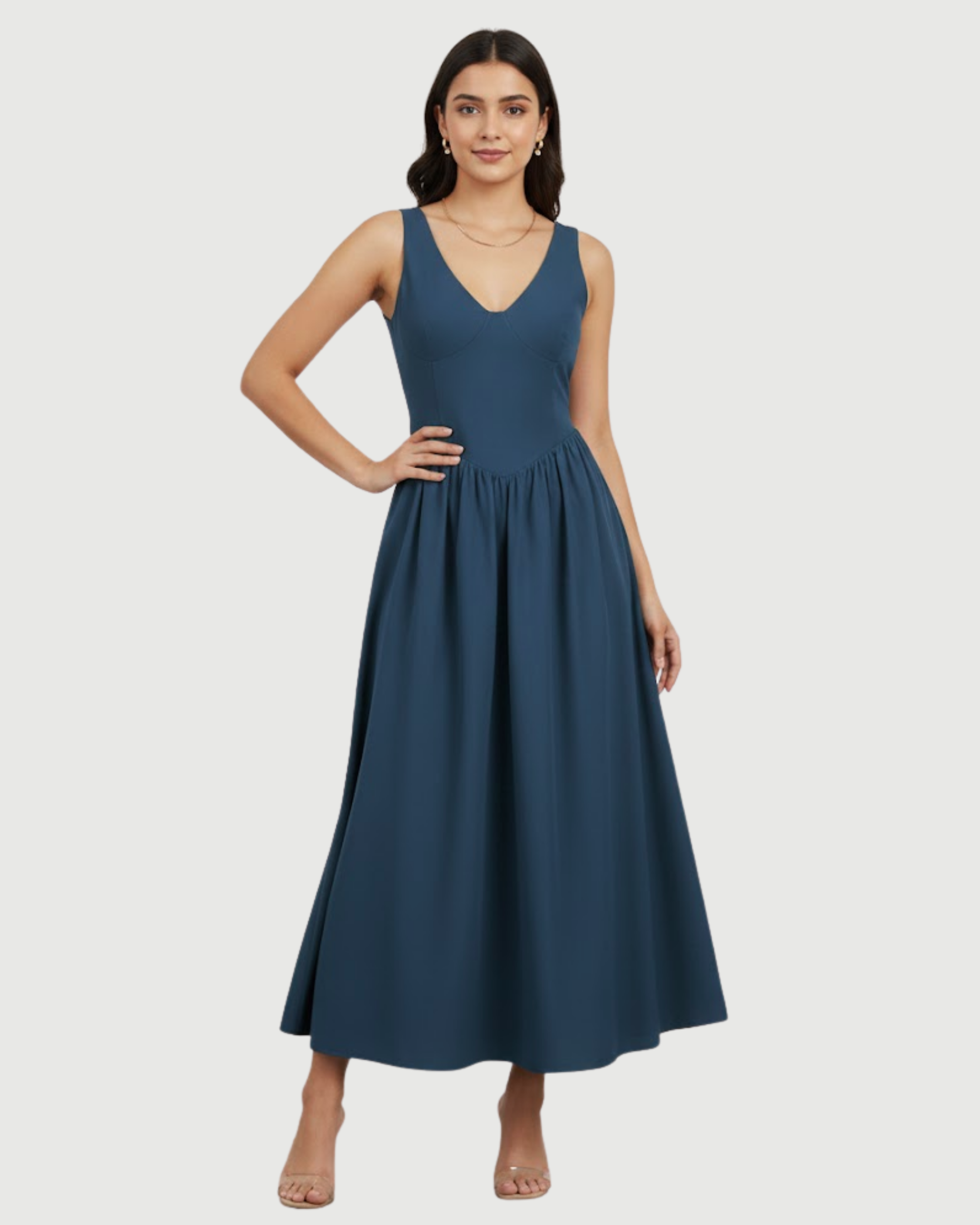 Cotton-Blend V-Neck Ruffle Maxi Dress-Blue