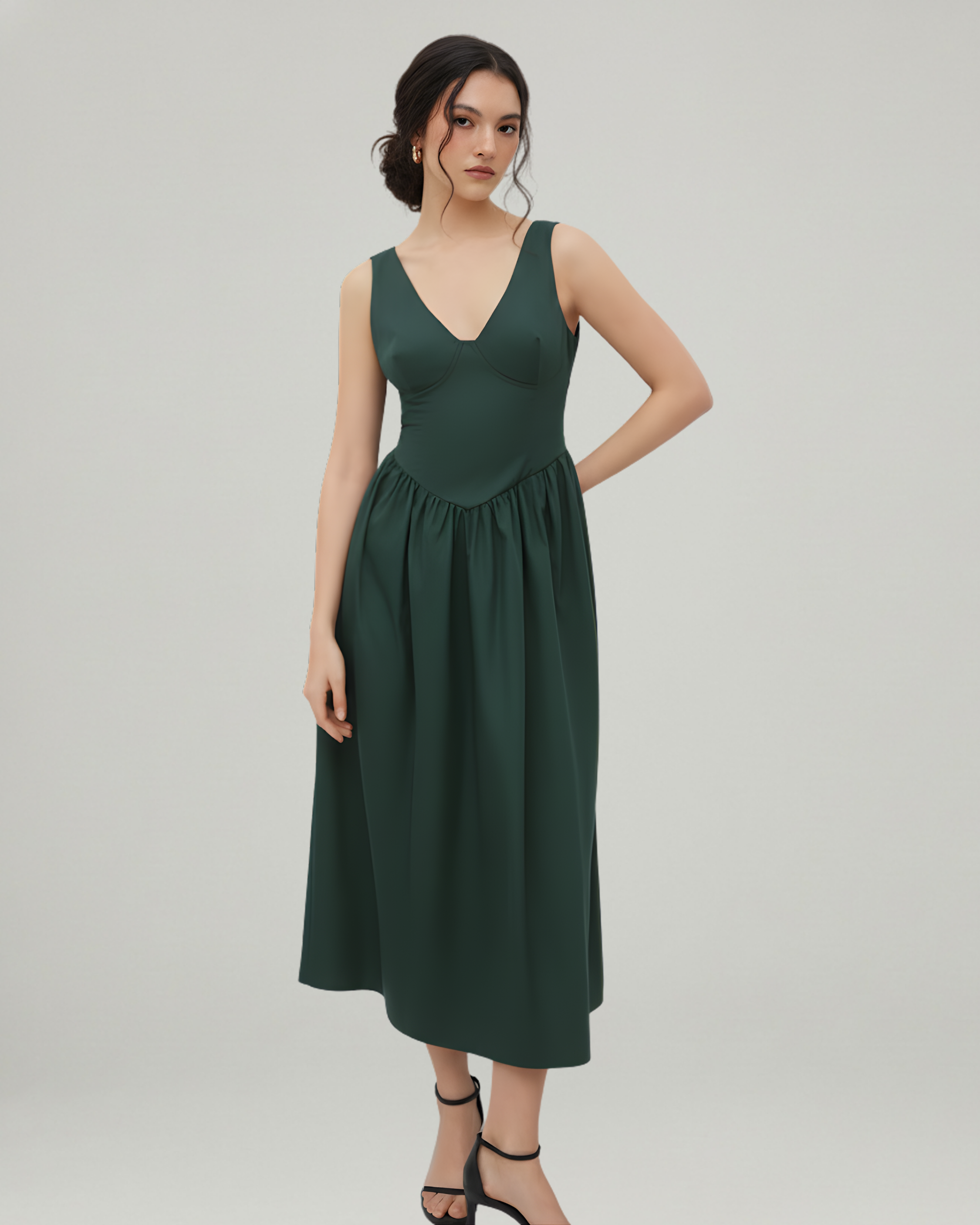 Cotton-Blend V-Neck Ruffle Maxi Dress-Dark Green
