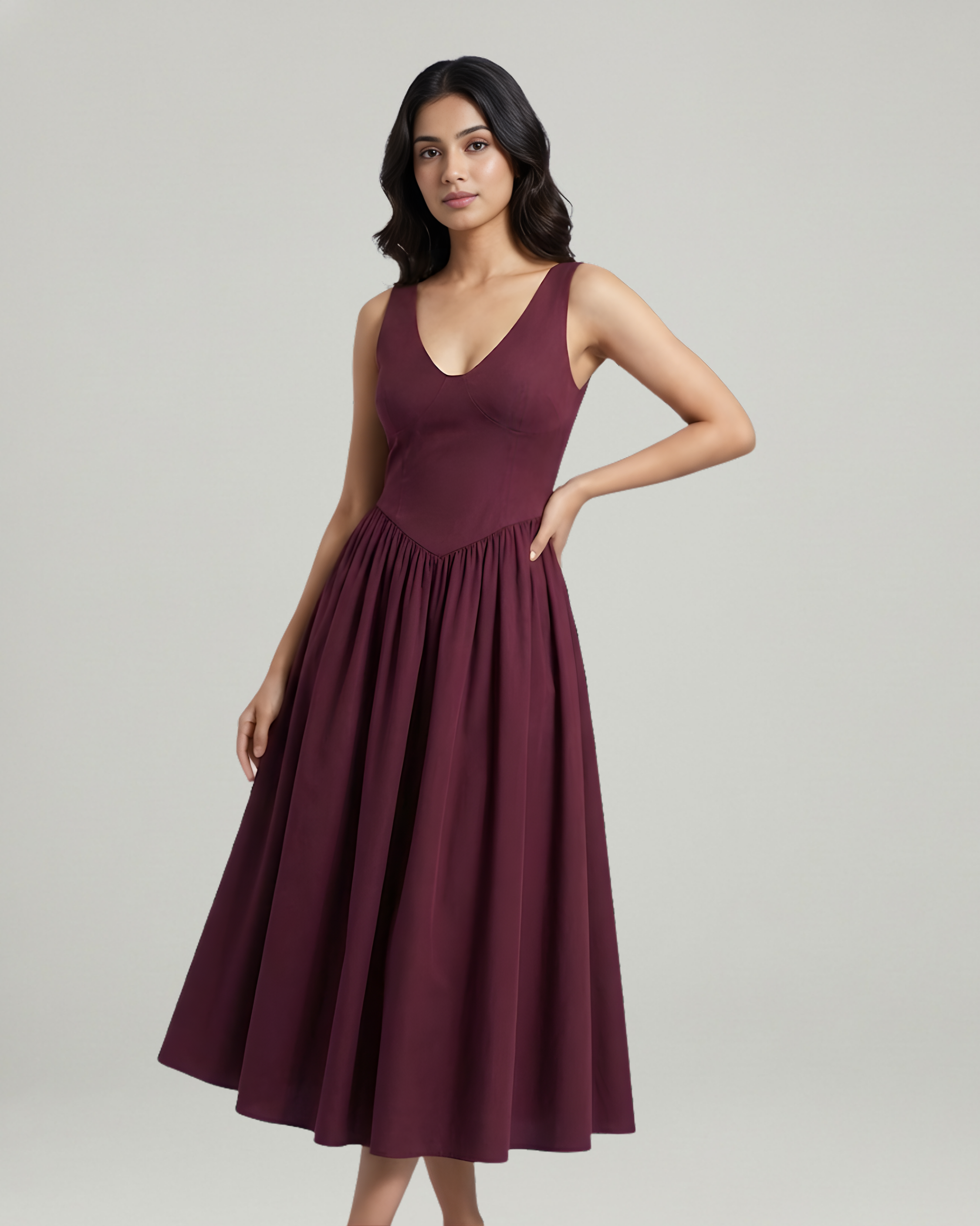 Cotton-Blend V-Neck Ruffle Maxi Dress-Maroon