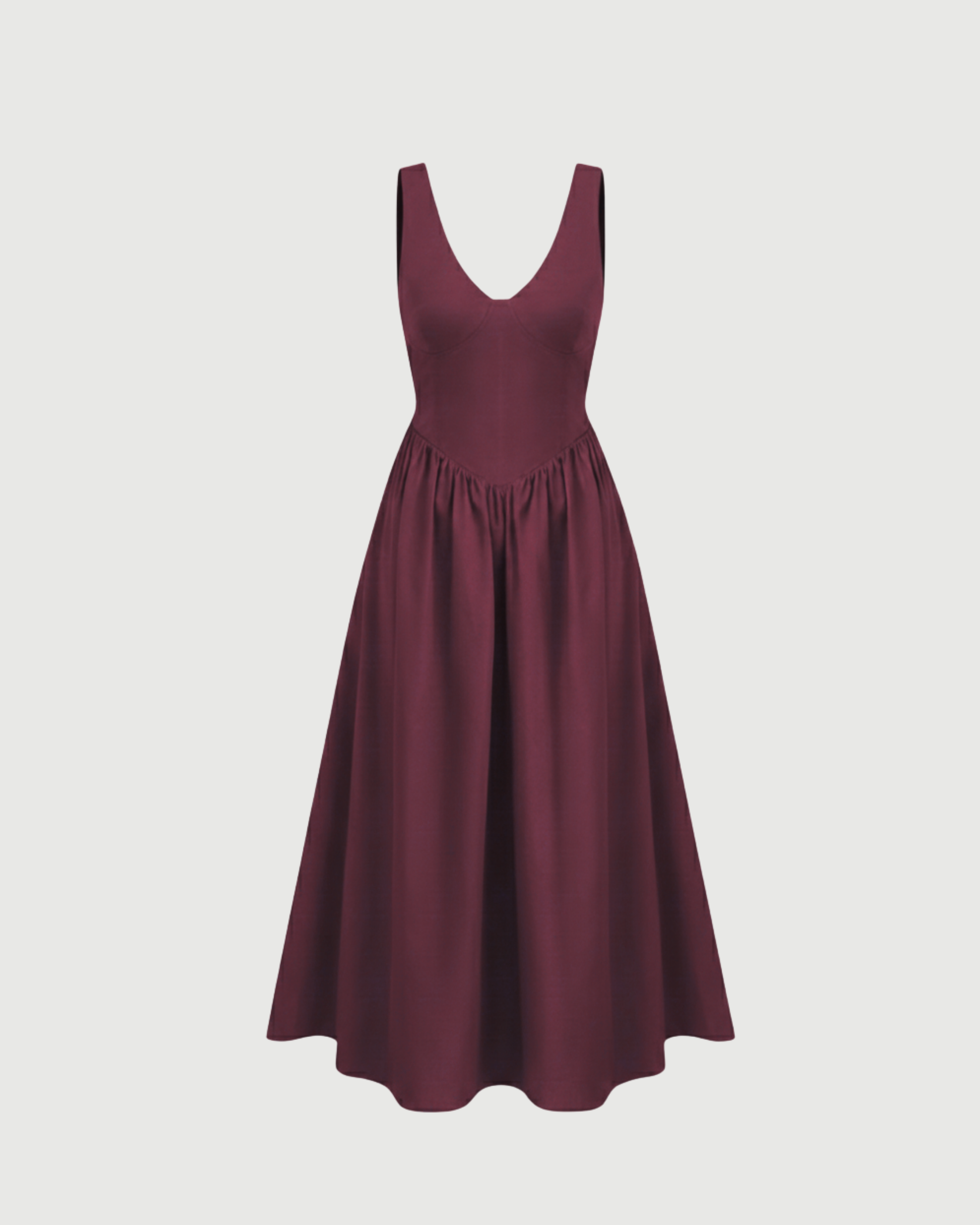 Cotton-Blend V-Neck Ruffle Maxi Dress-Maroon