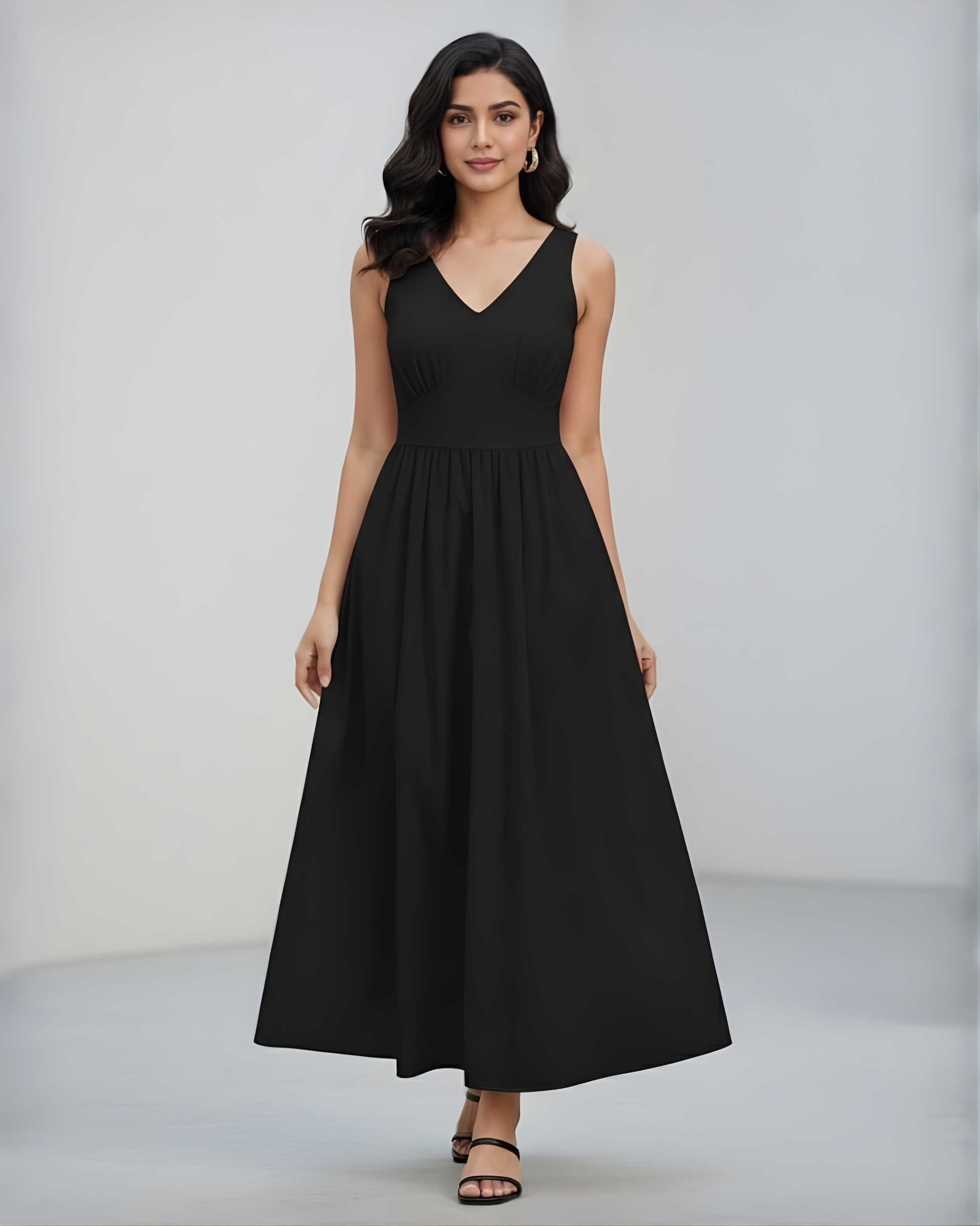 Cotton-Blend V-Neck Ruffle Maxi Dress - Black