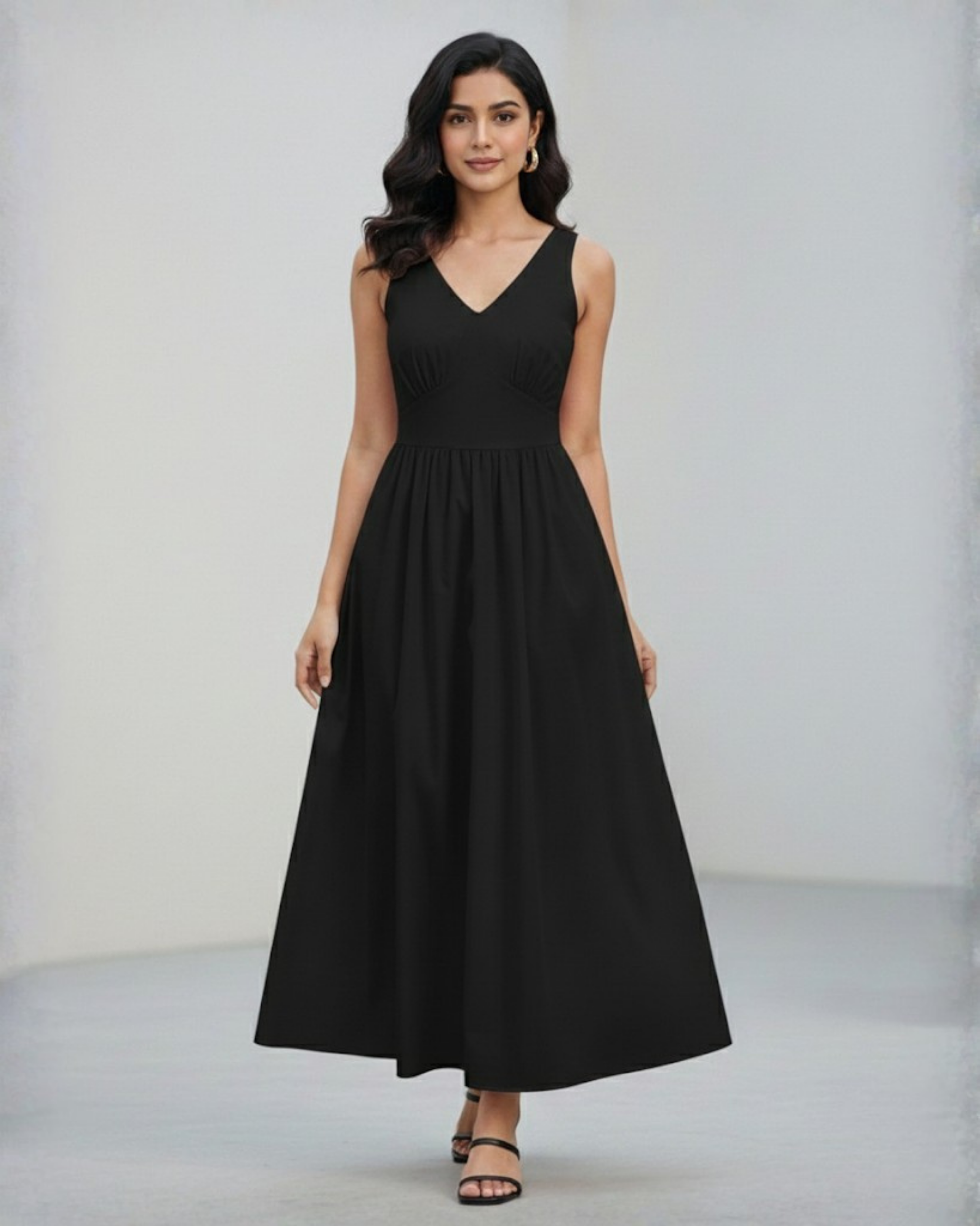 Cotton-Blend V-Neck Ruffle Maxi Dress - Black
