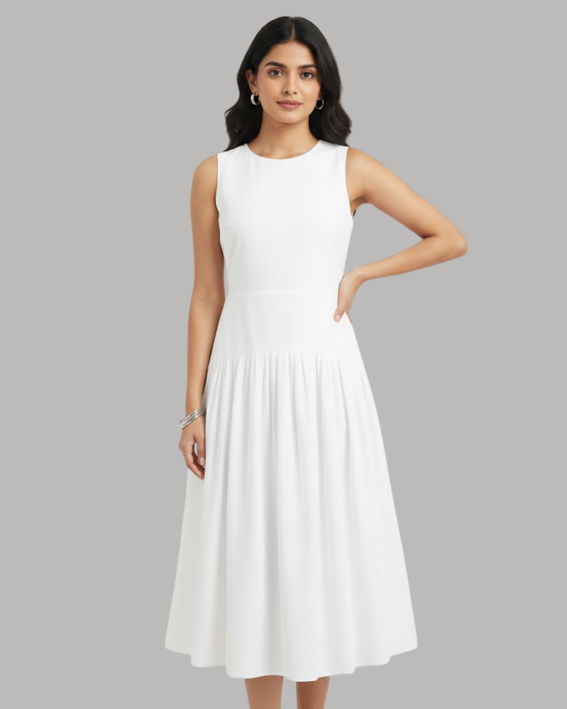 Cotton Ruffle Maxi Dress with Round Neckline - White