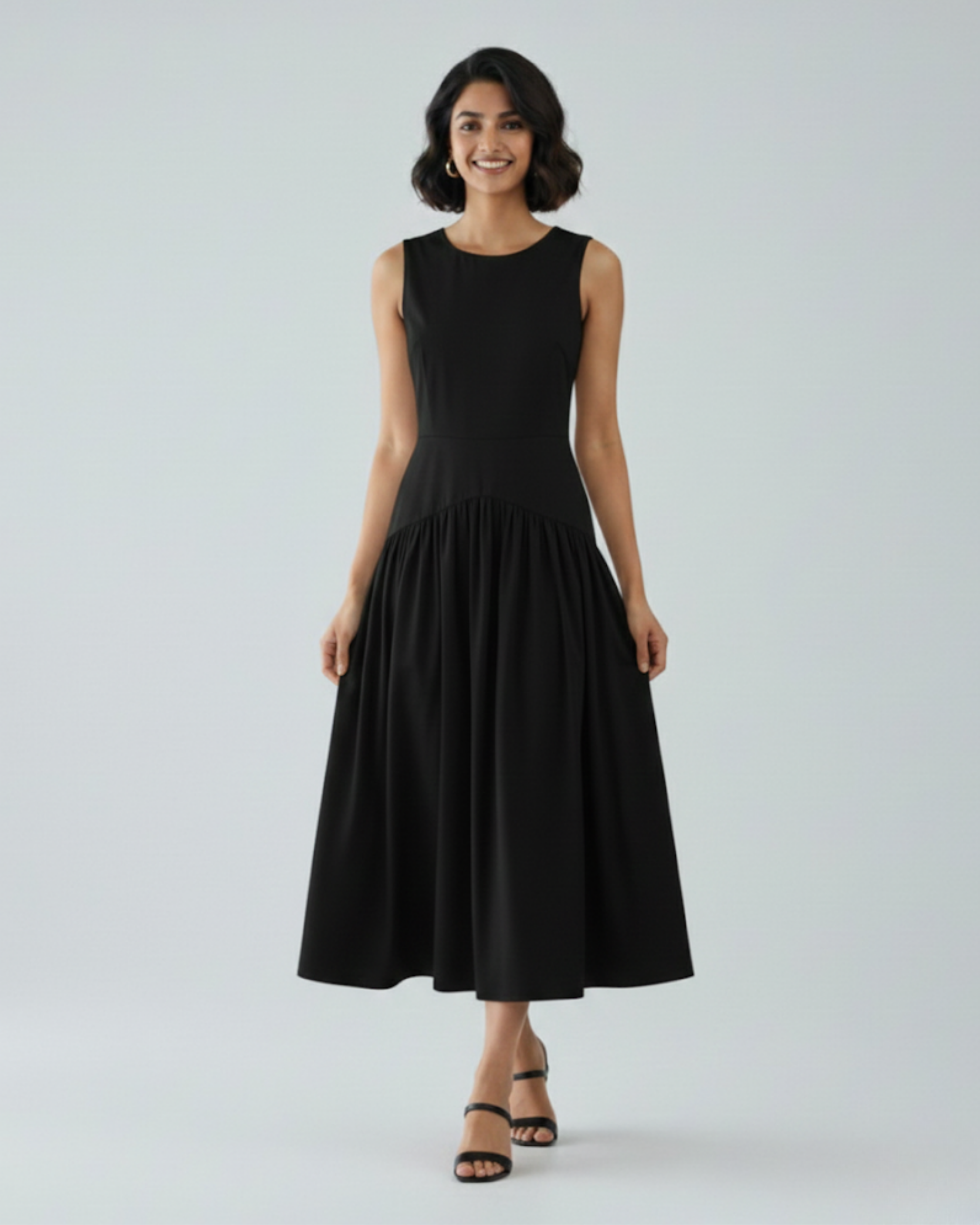 Cotton Ruffle Maxi Dress with Round Neckline - Black