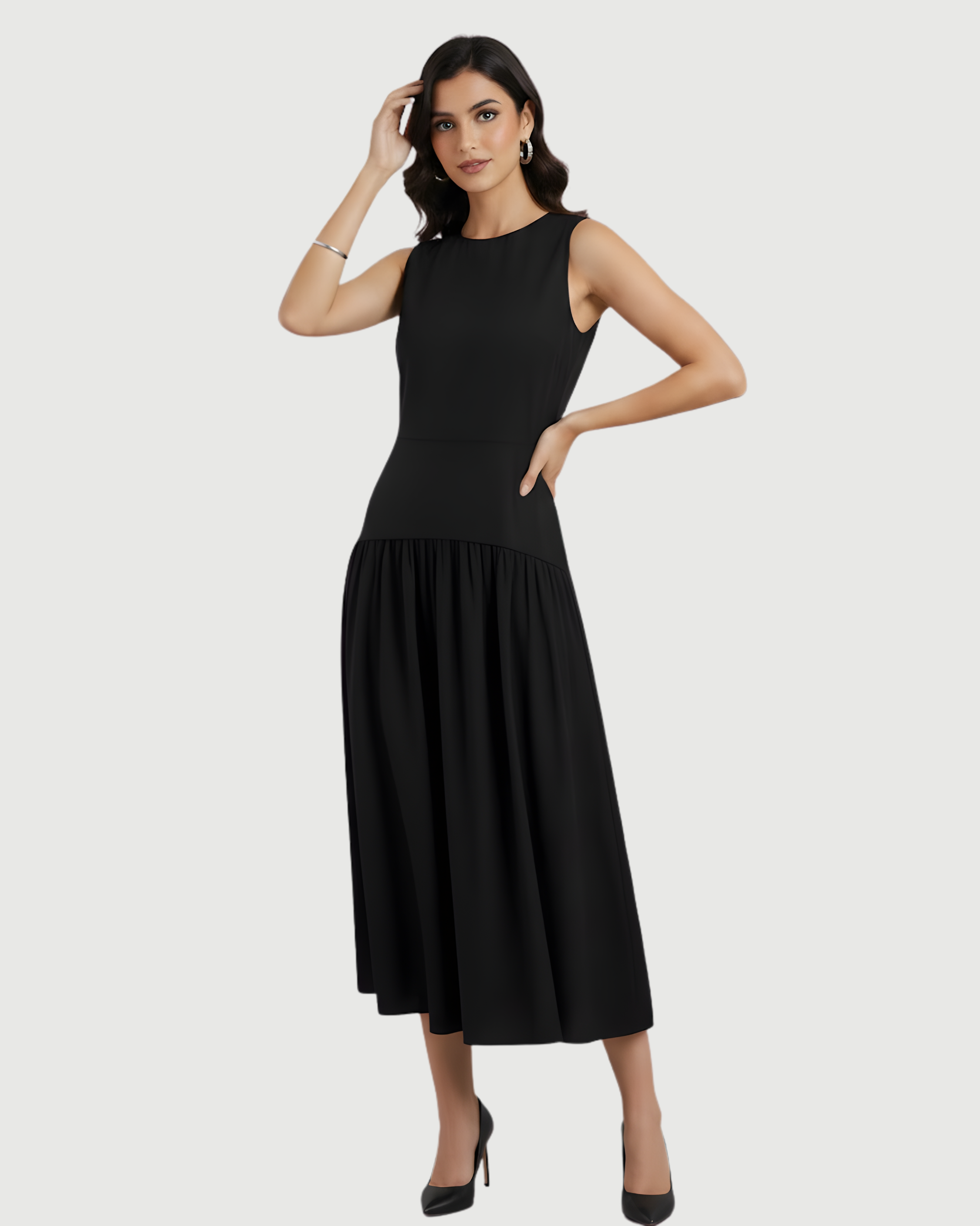 Cotton Ruffle Maxi Dress with Round Neckline - Black