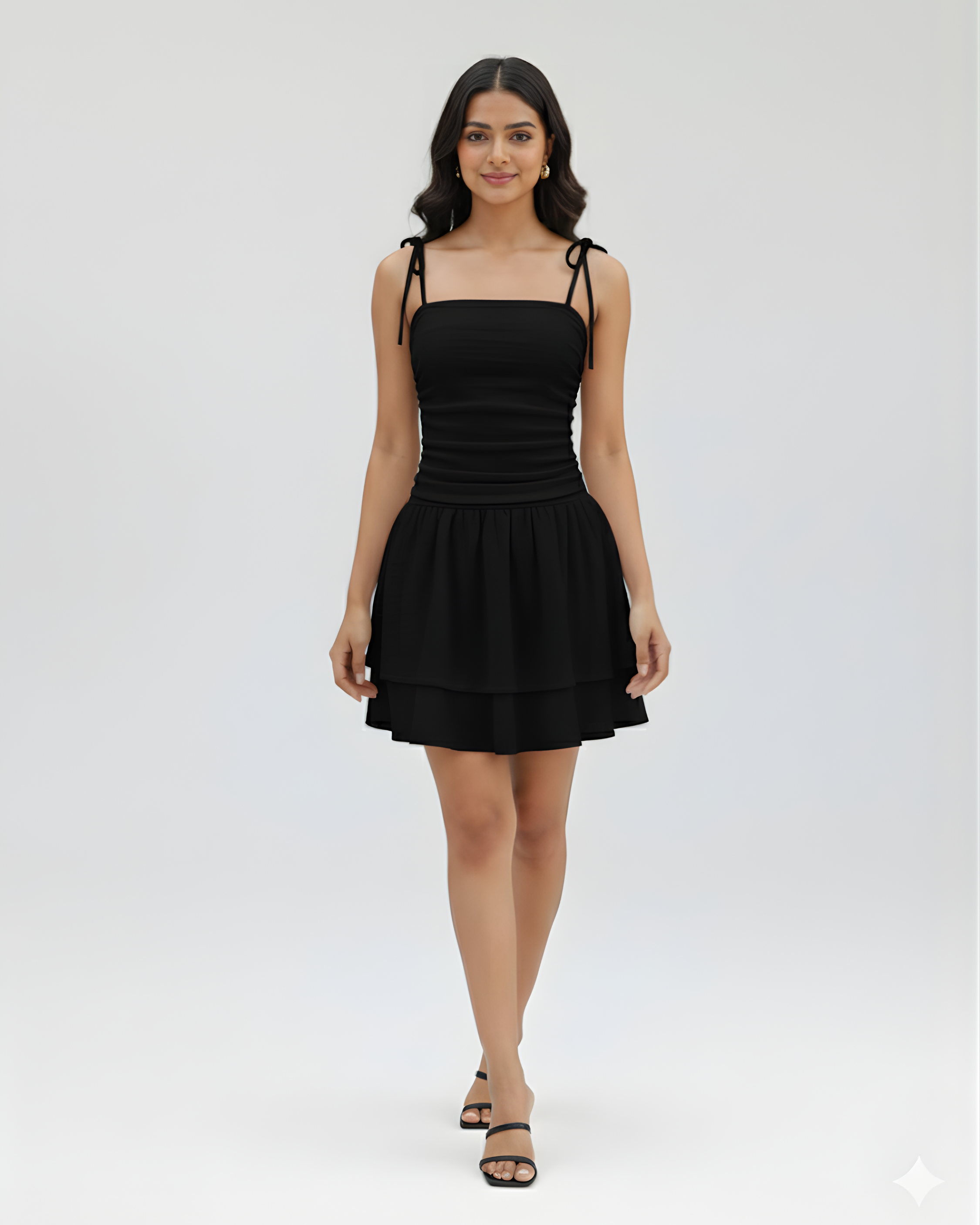 Ruched Knotted Mini Dress with Square Neckline -Black