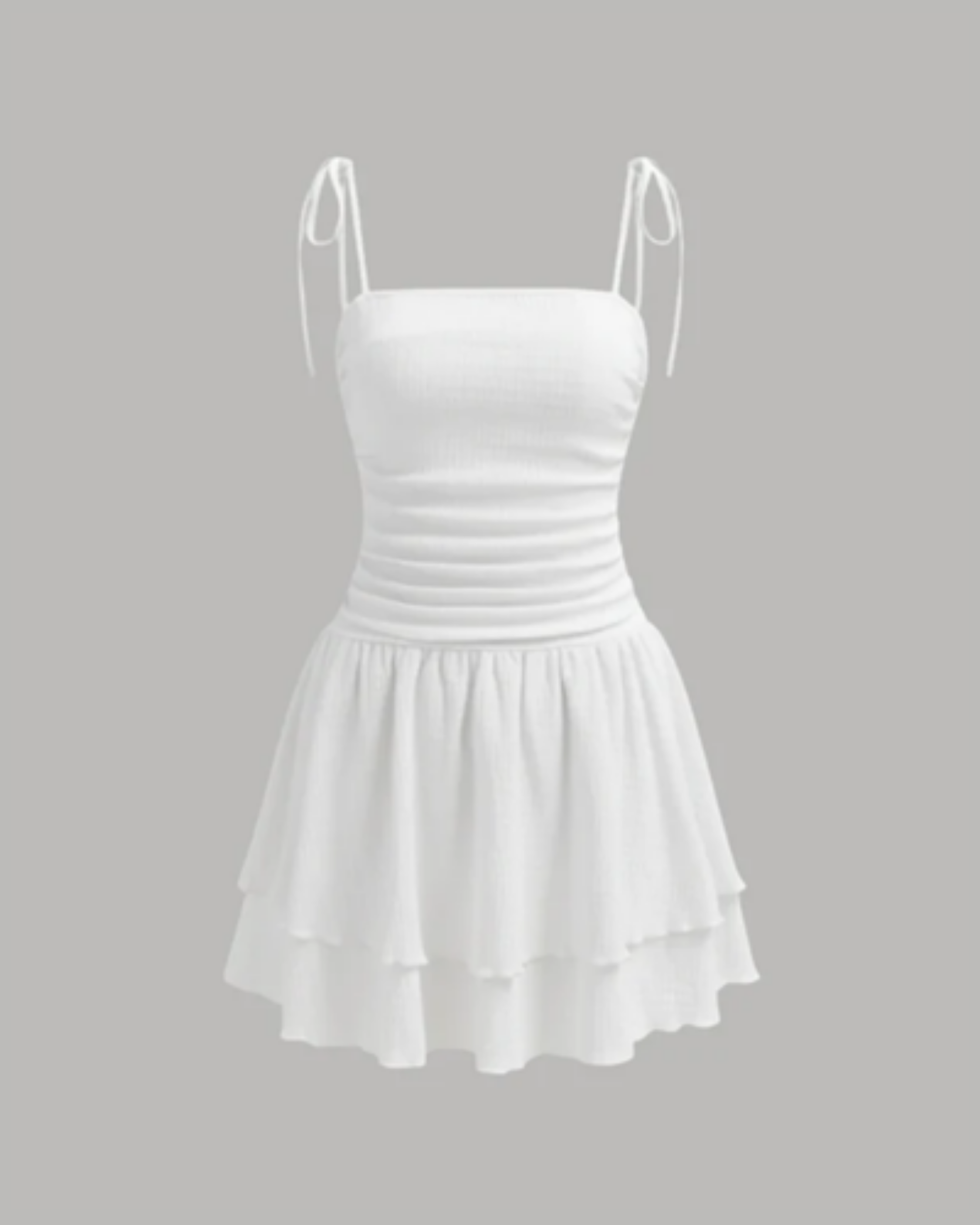 Ruched Knotted Mini Dress with Square Neckline - White