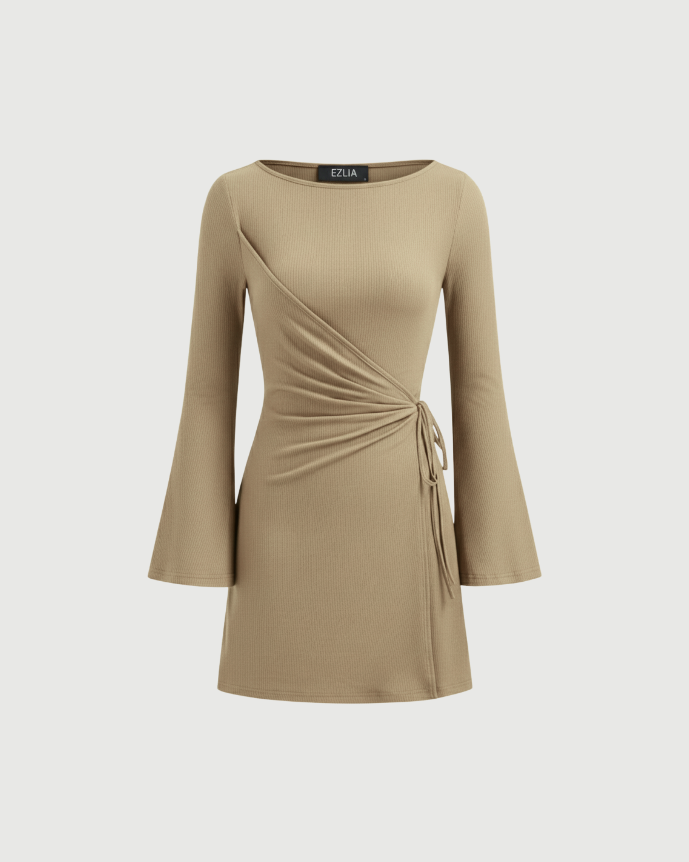 Wrap-Style Ruched Mini Dress with Bell Sleeves-Beige