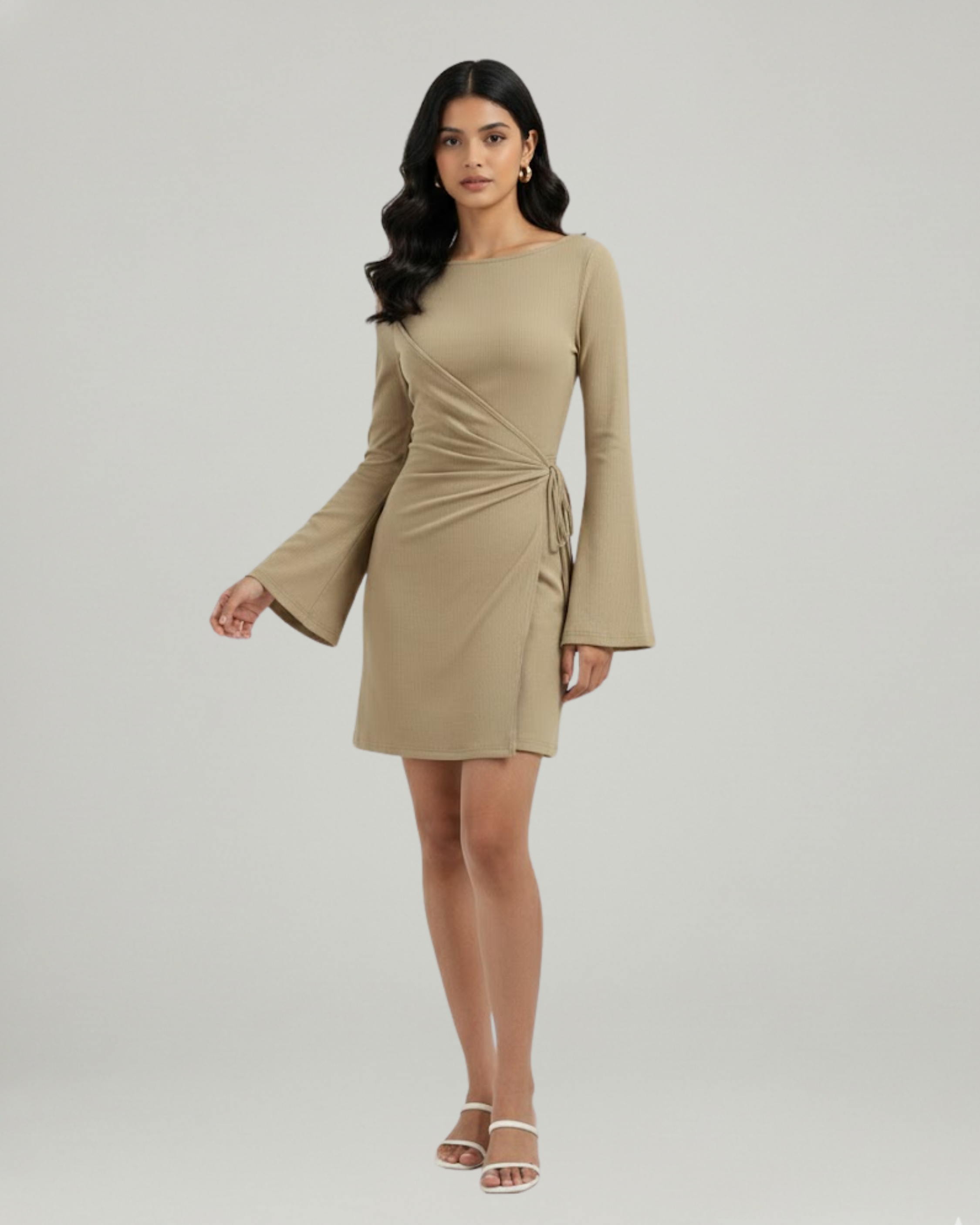 Wrap-Style Ruched Mini Dress with Bell Sleeves-Beige