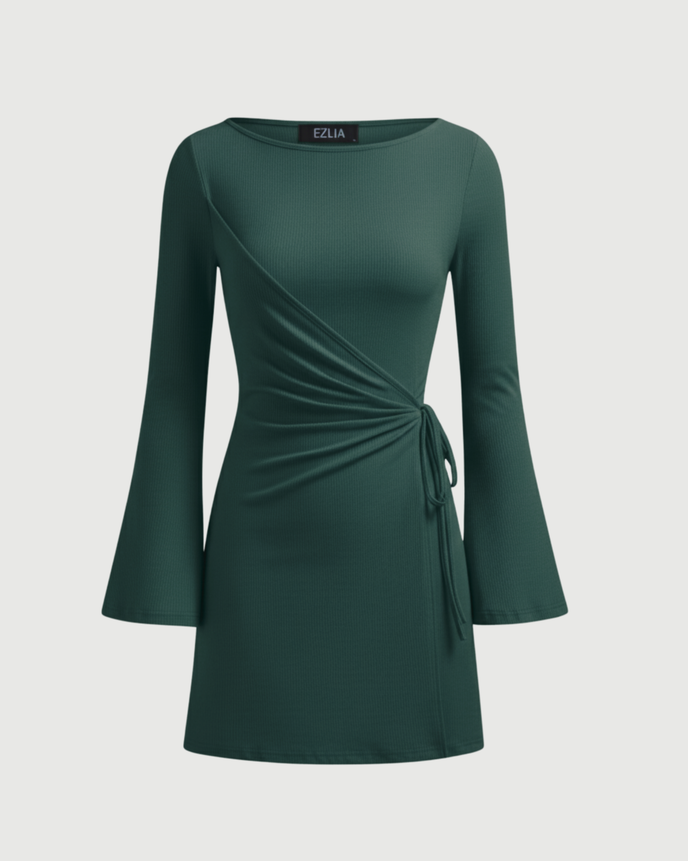 Wrap-Style Ruched Mini Dress with Bell Sleeves-Dark Green