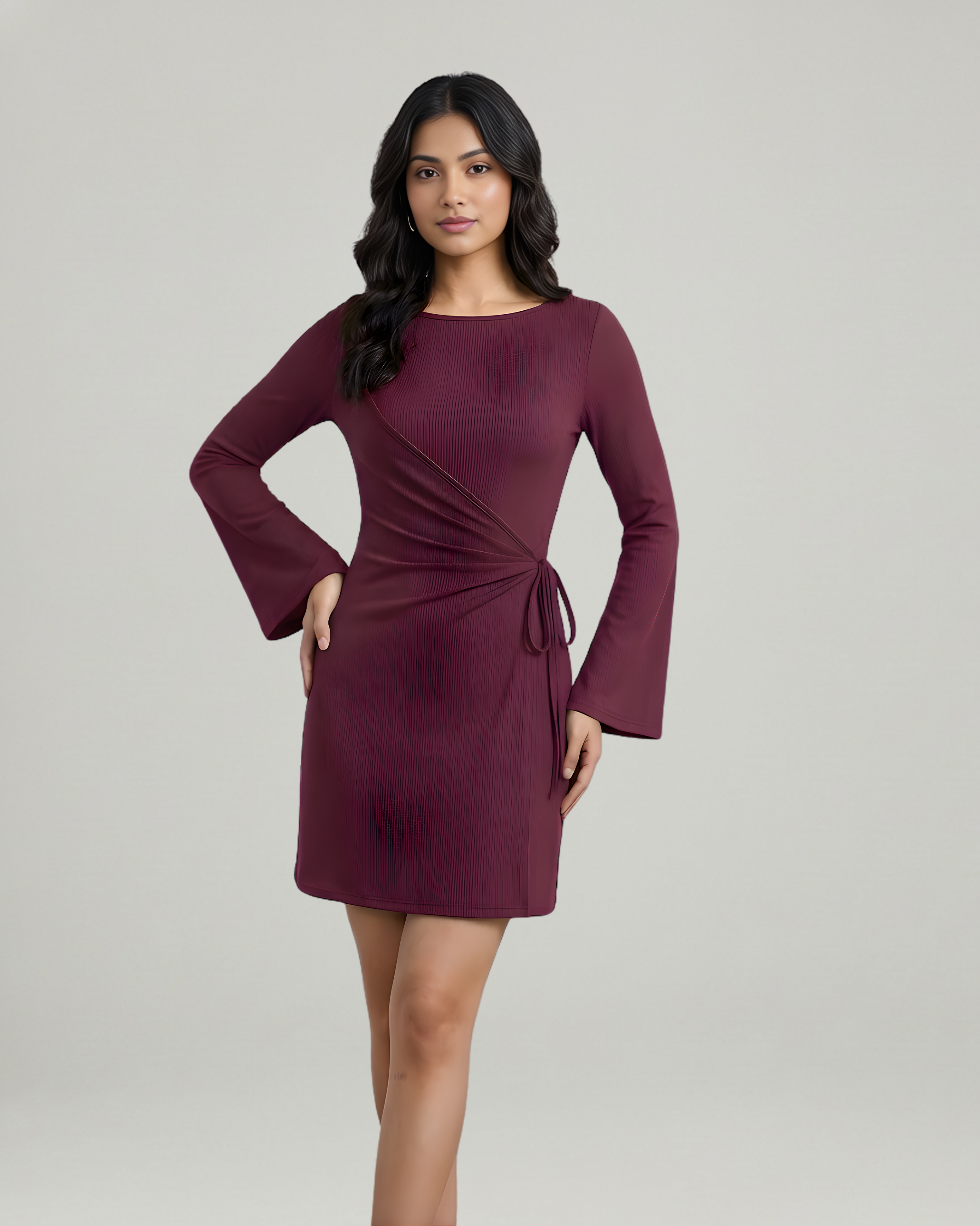 Wrap-Style Ruched Mini Dress with Bell Sleeves-Maroon