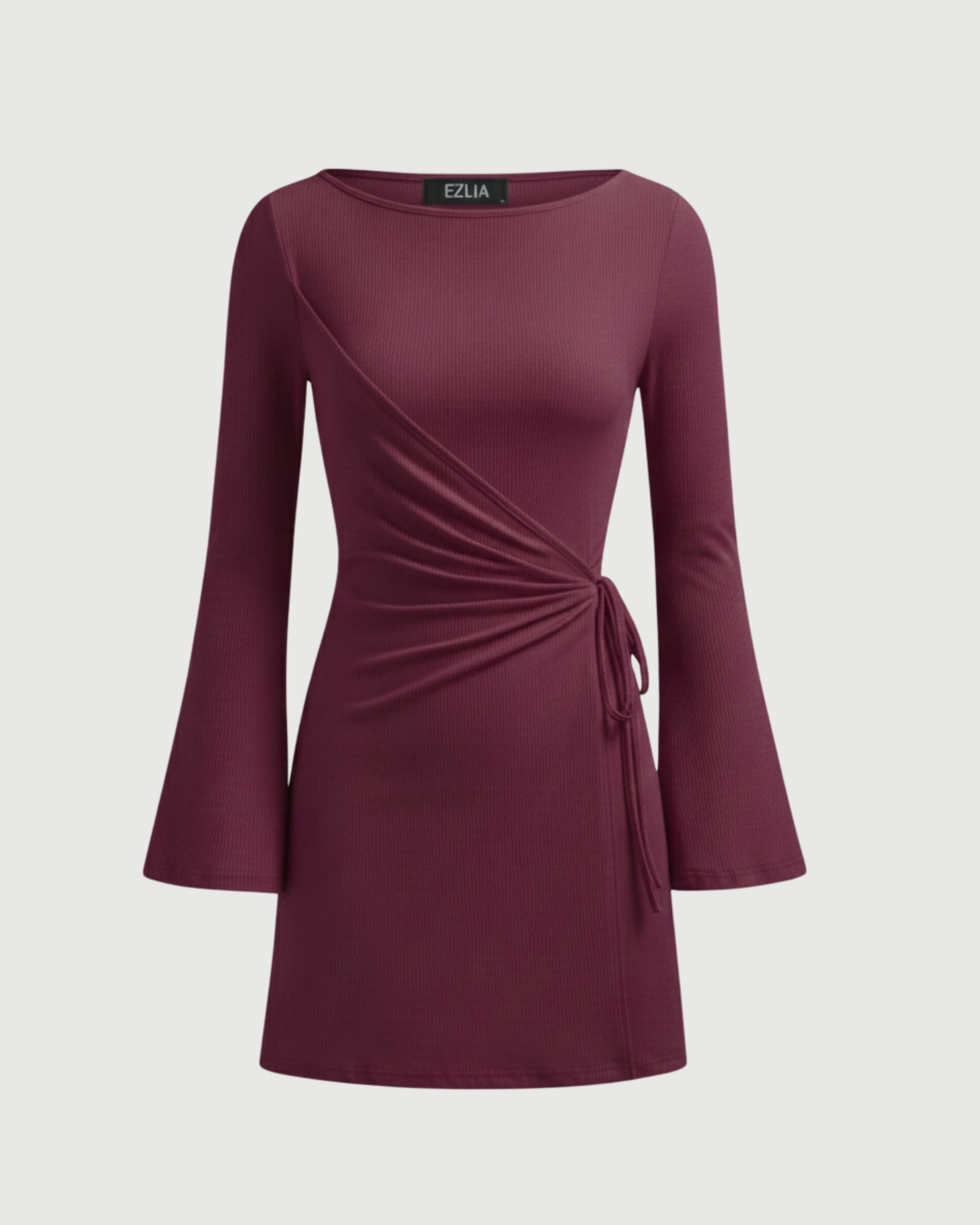 Wrap-Style Ruched Mini Dress with Bell Sleeves-Maroon