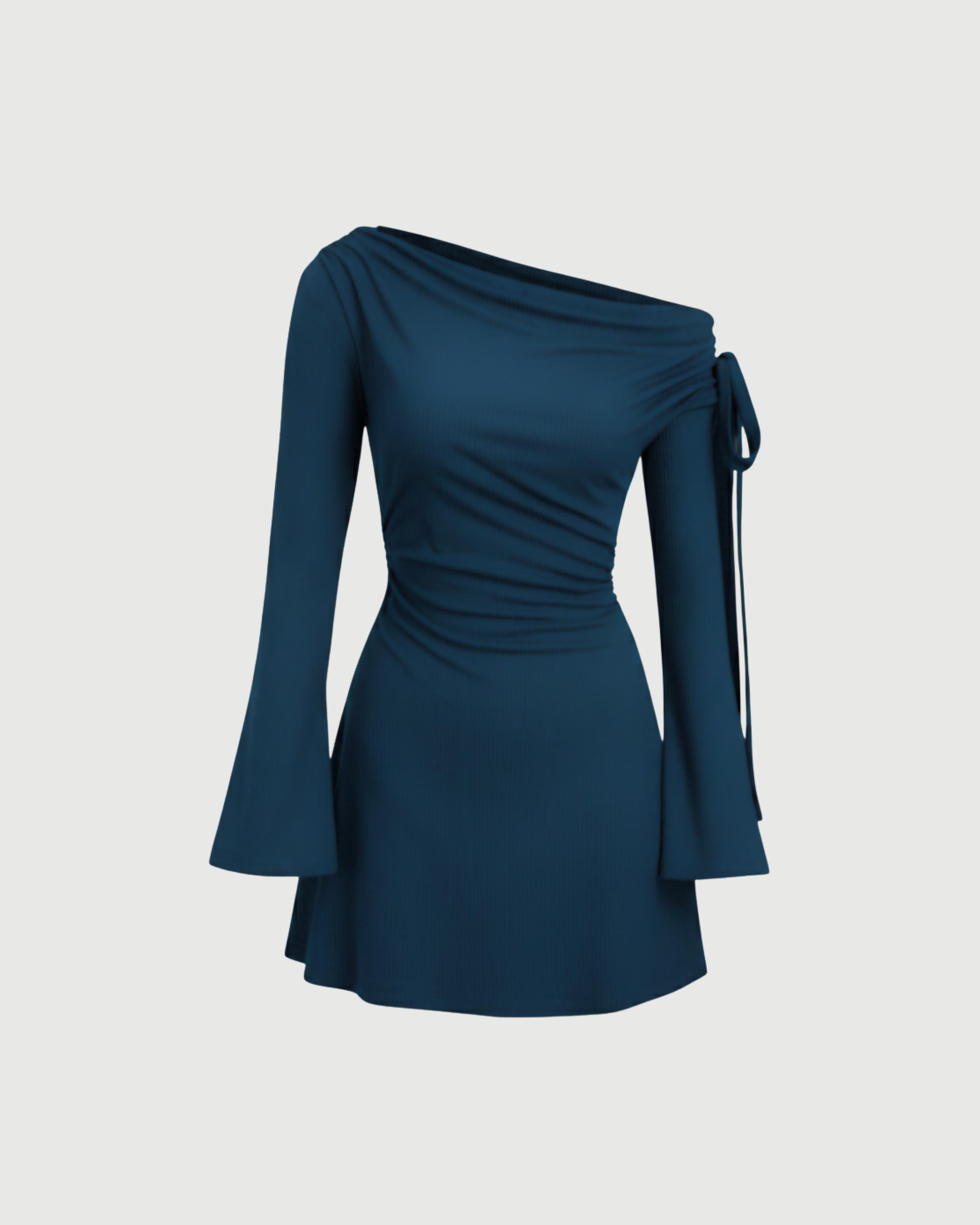 Asymmetrical Ruched Mini Dress with Knot Detail-Blue