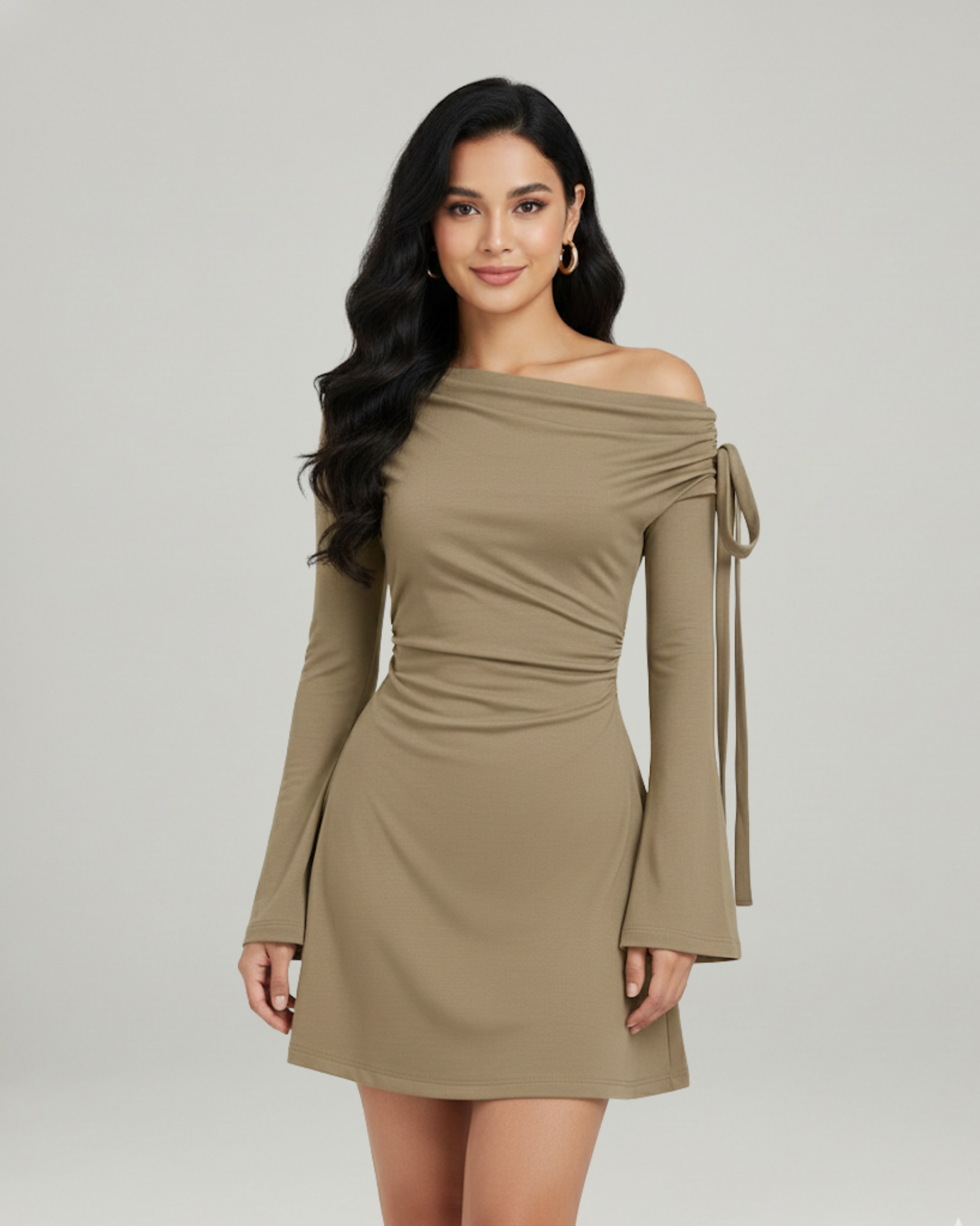 Asymmetrical Ruched Mini Dress with Knot Detail-Cream