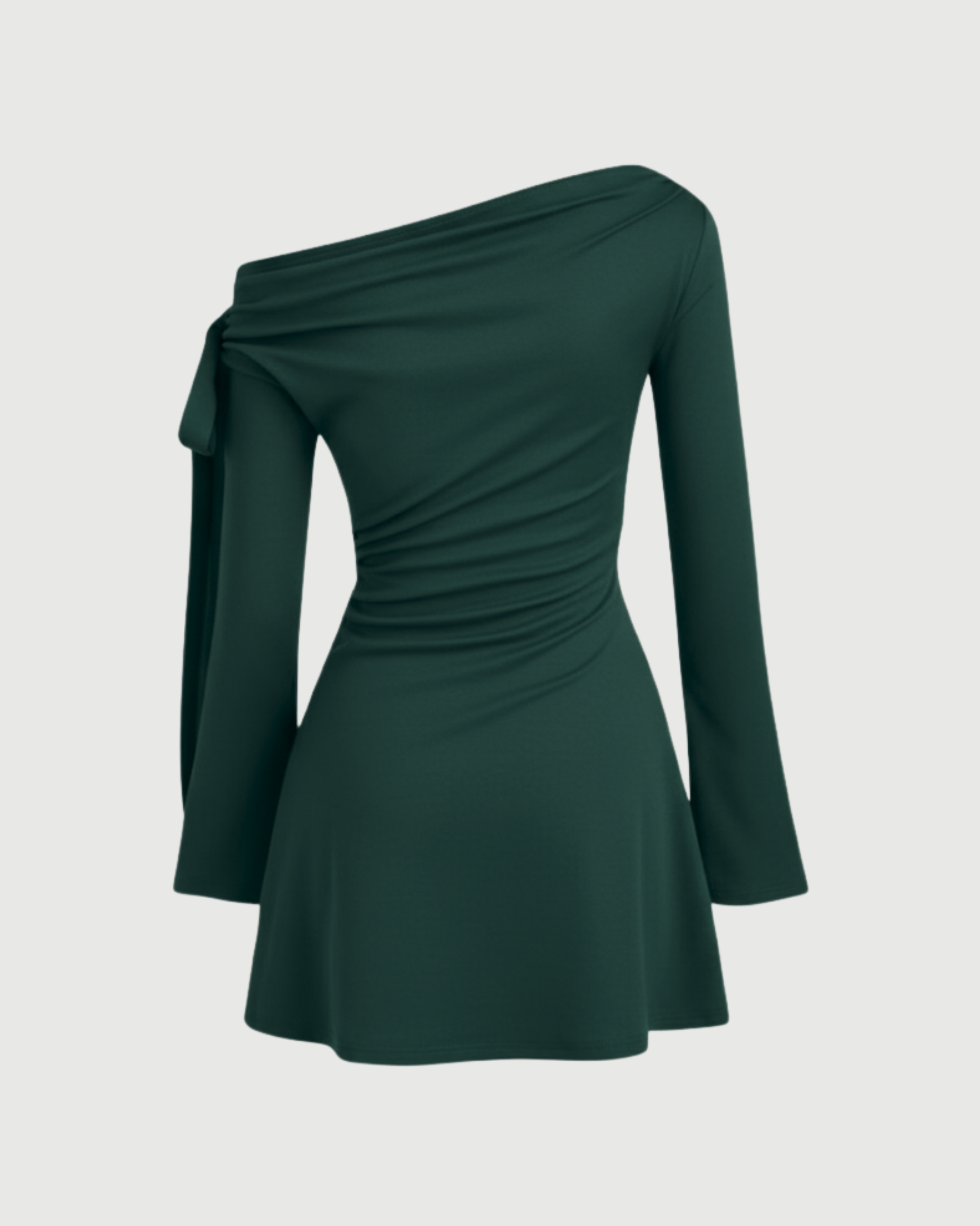 Asymmetrical Ruched Mini Dress with Knot Detail-Dark Green