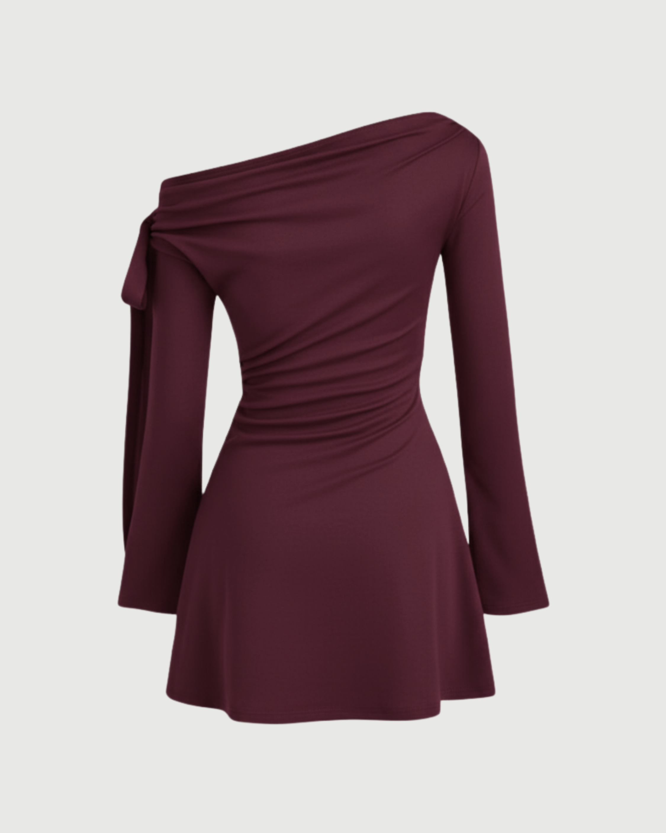 Asymmetrical Ruched Mini Dress with Knot Detail-Maroon