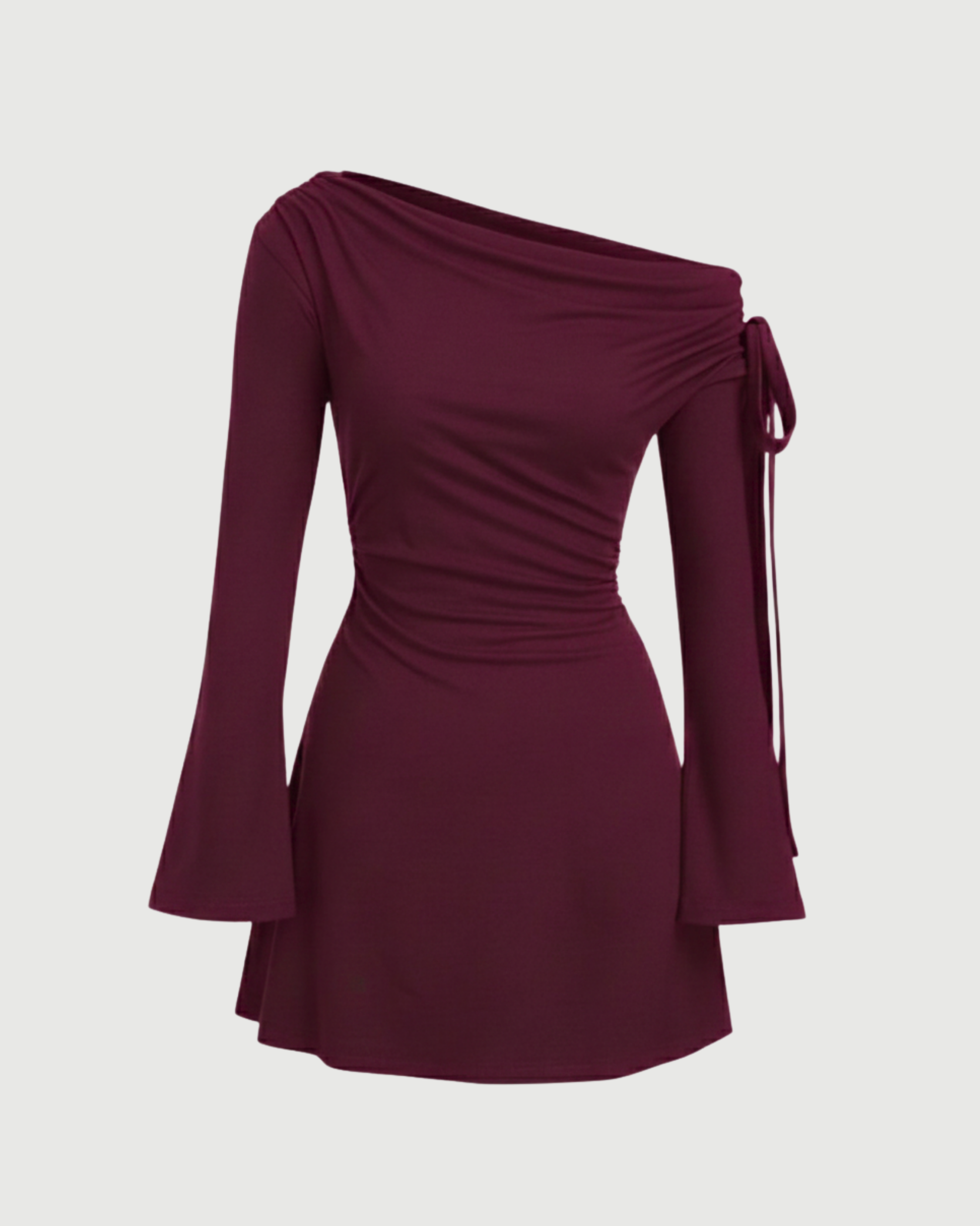 Asymmetrical Ruched Mini Dress with Knot Detail-Maroon