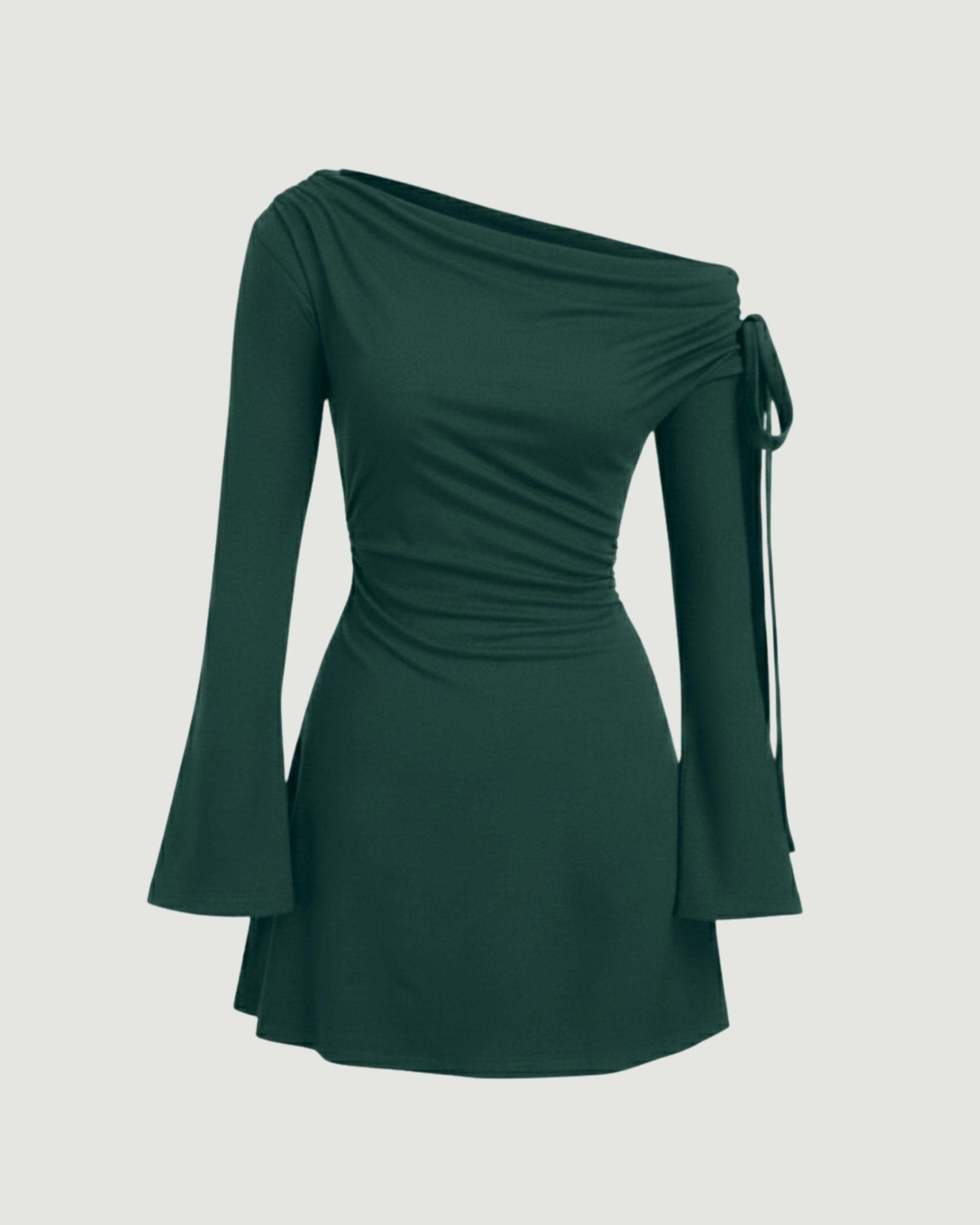 Asymmetrical Ruched Mini Dress with Knot Detail-Dark Green