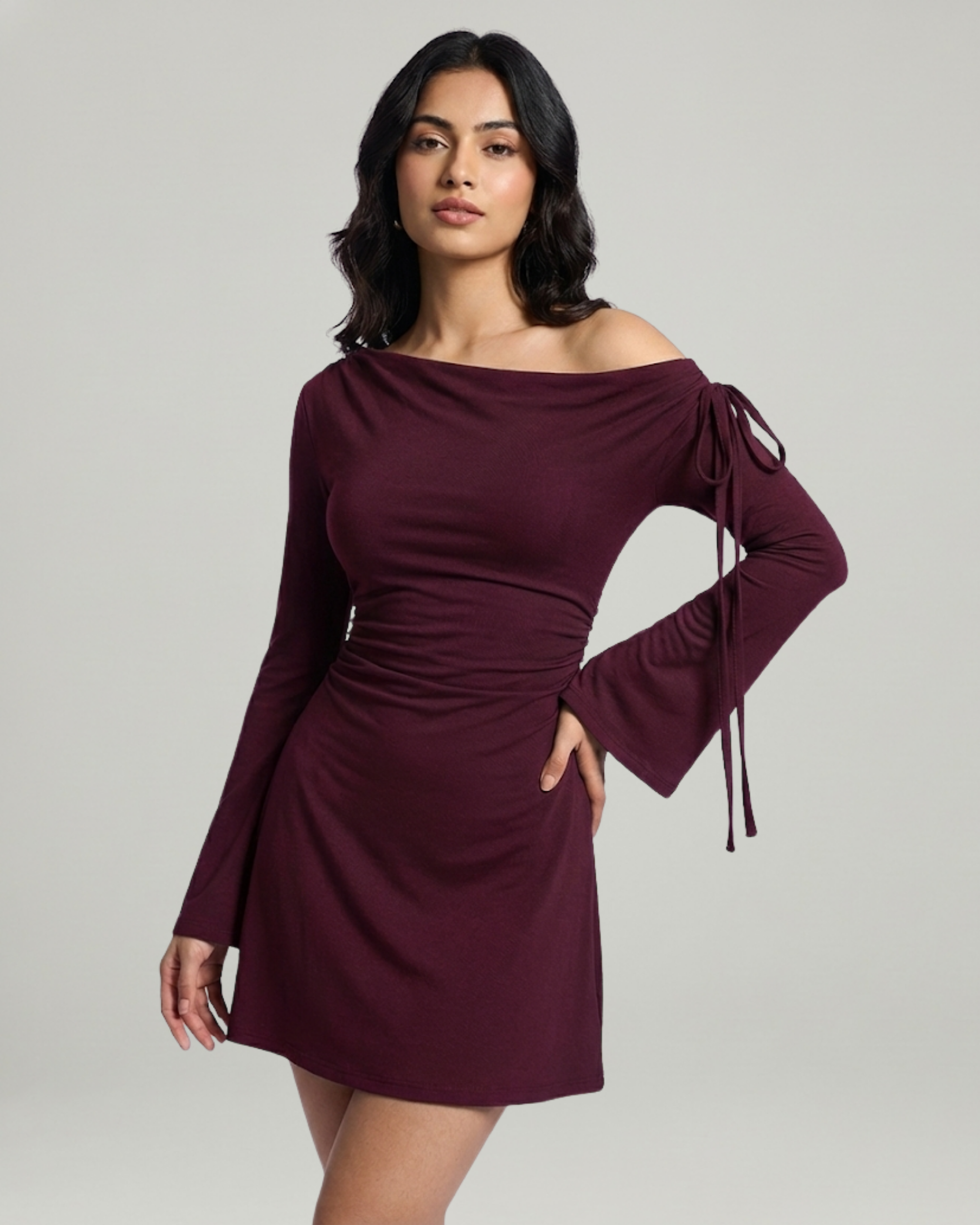 Asymmetrical Ruched Mini Dress with Knot Detail-Maroon