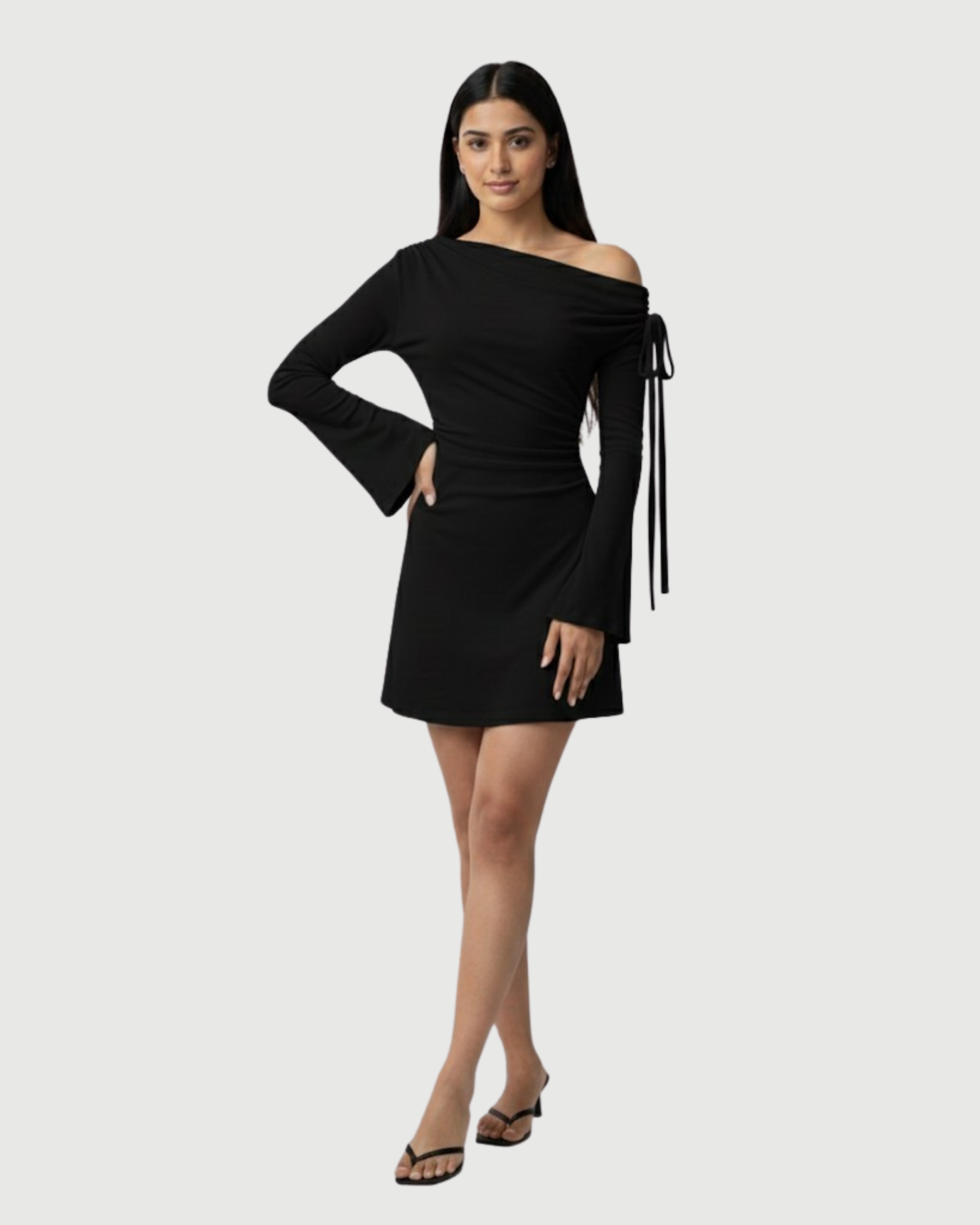 Asymmetrical Ruched Mini Dress with Knot Detail - Black