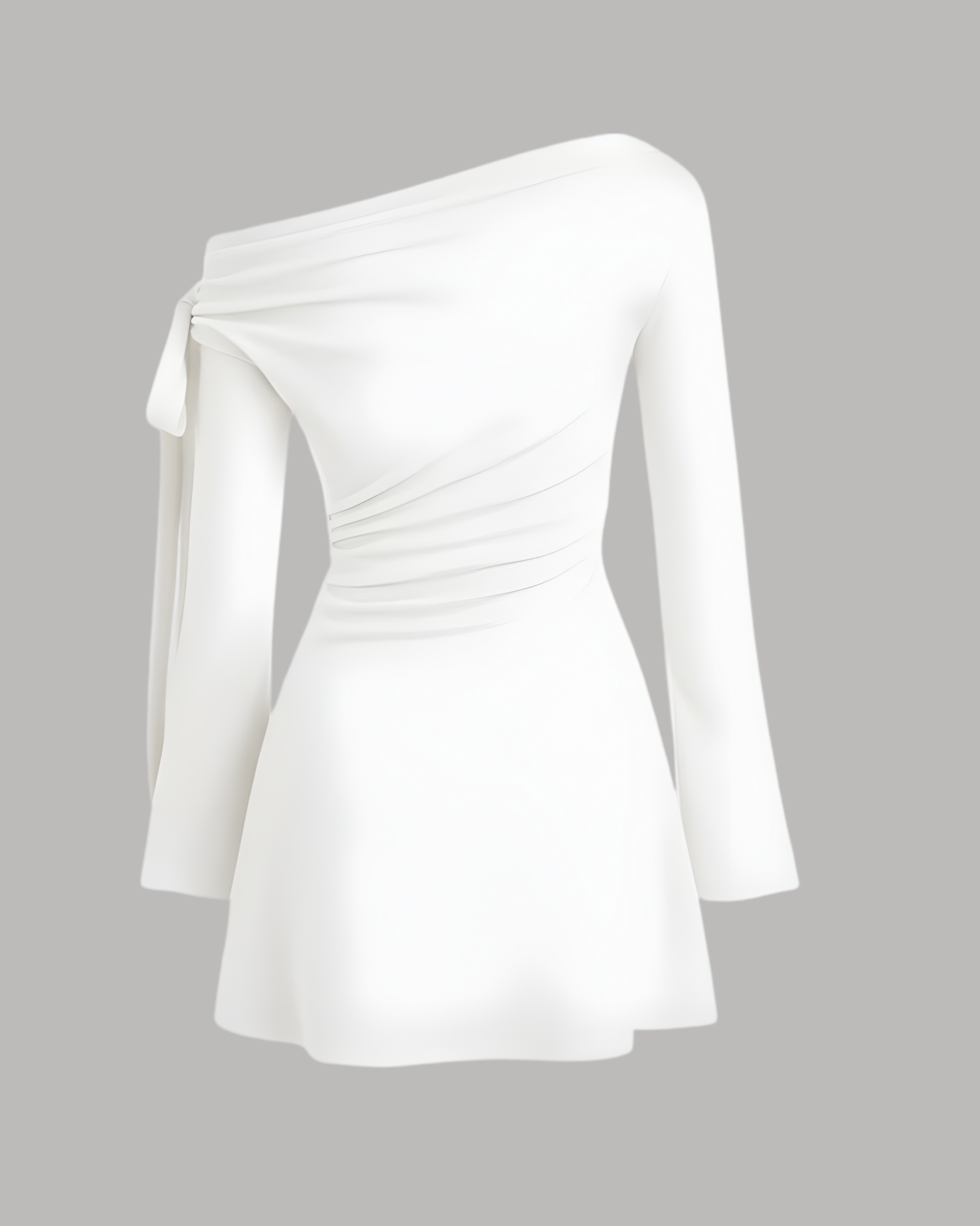 Asymmetrical Ruched Mini Dress with Knot Detail - White