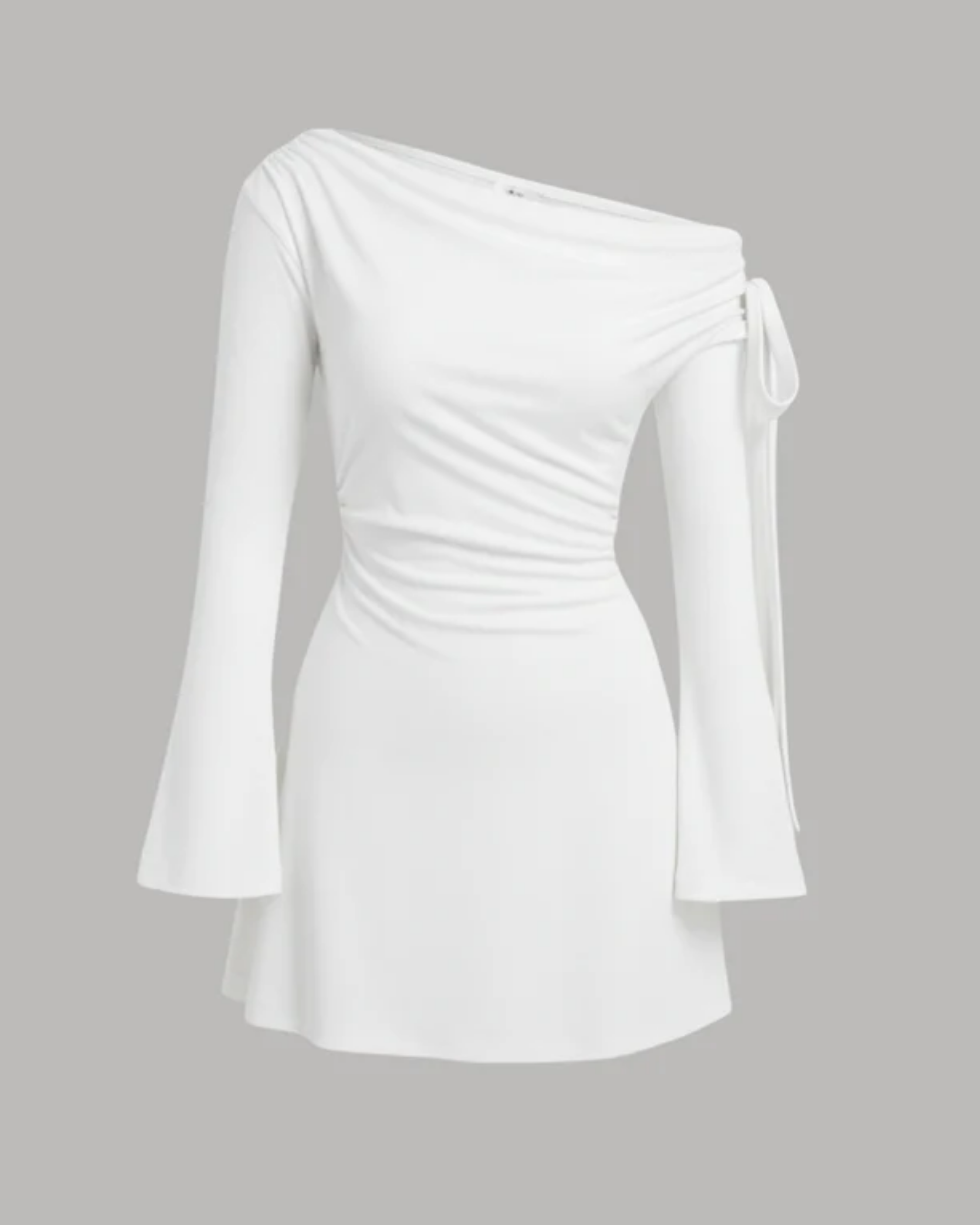 Asymmetrical Ruched Mini Dress with Knot Detail - White