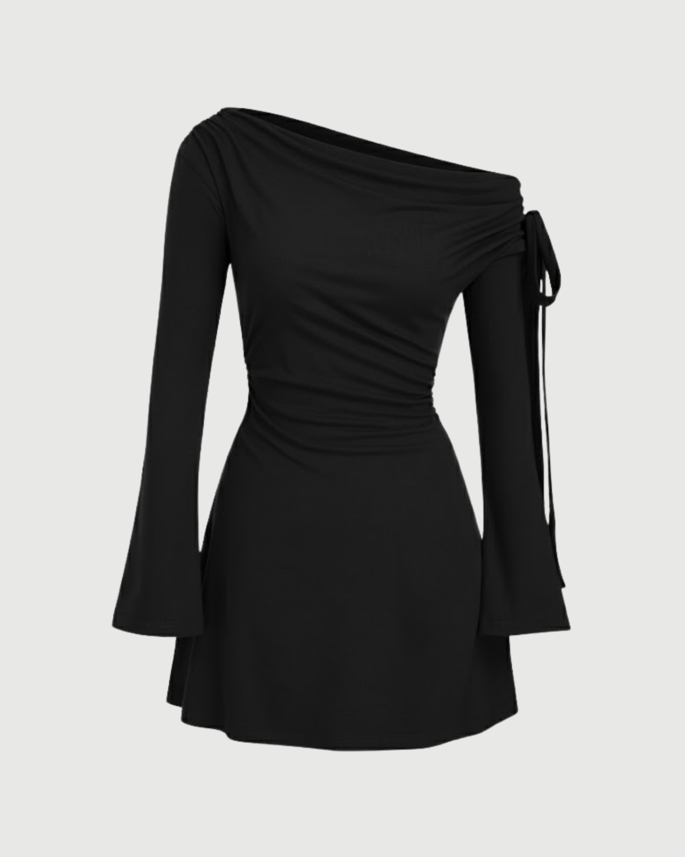 Asymmetrical Ruched Mini Dress with Knot Detail - Black