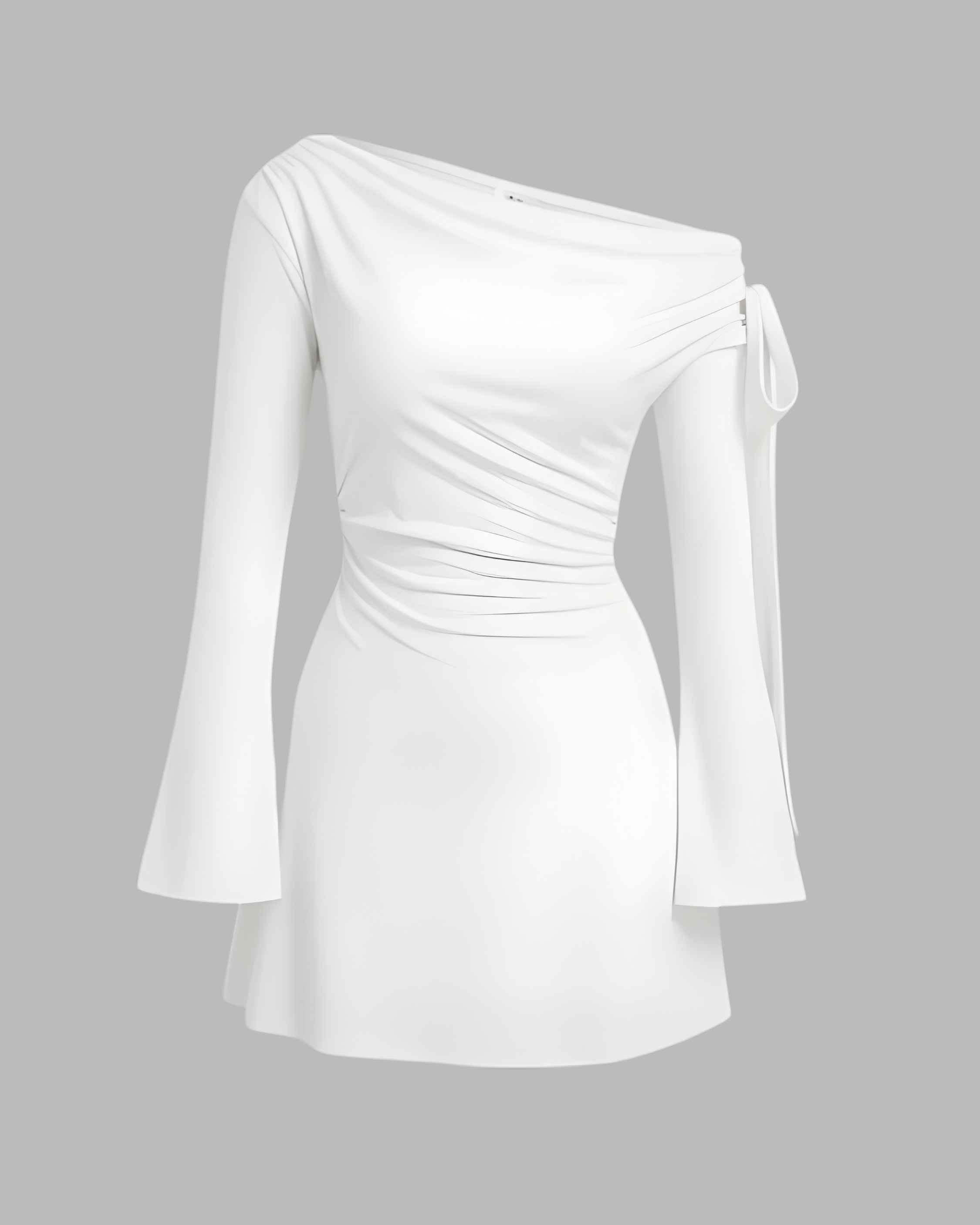 Asymmetrical Ruched Mini Dress with Knot Detail - White